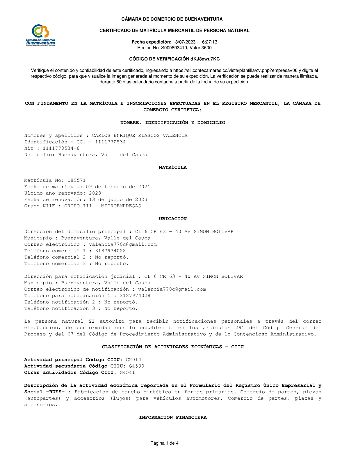 D Kj8ewu7kc Impuestos Certificado De MatrÍcula Mercantil De Persona Natural Fecha Expedición 8329