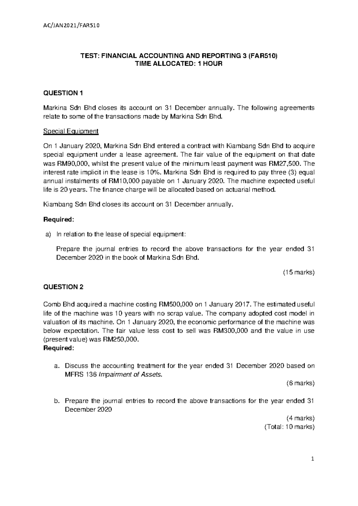TEST JAN 21 - Question - AC/JAN2021/FAR 1 TEST: FINANCIAL ACCOUNTING ...