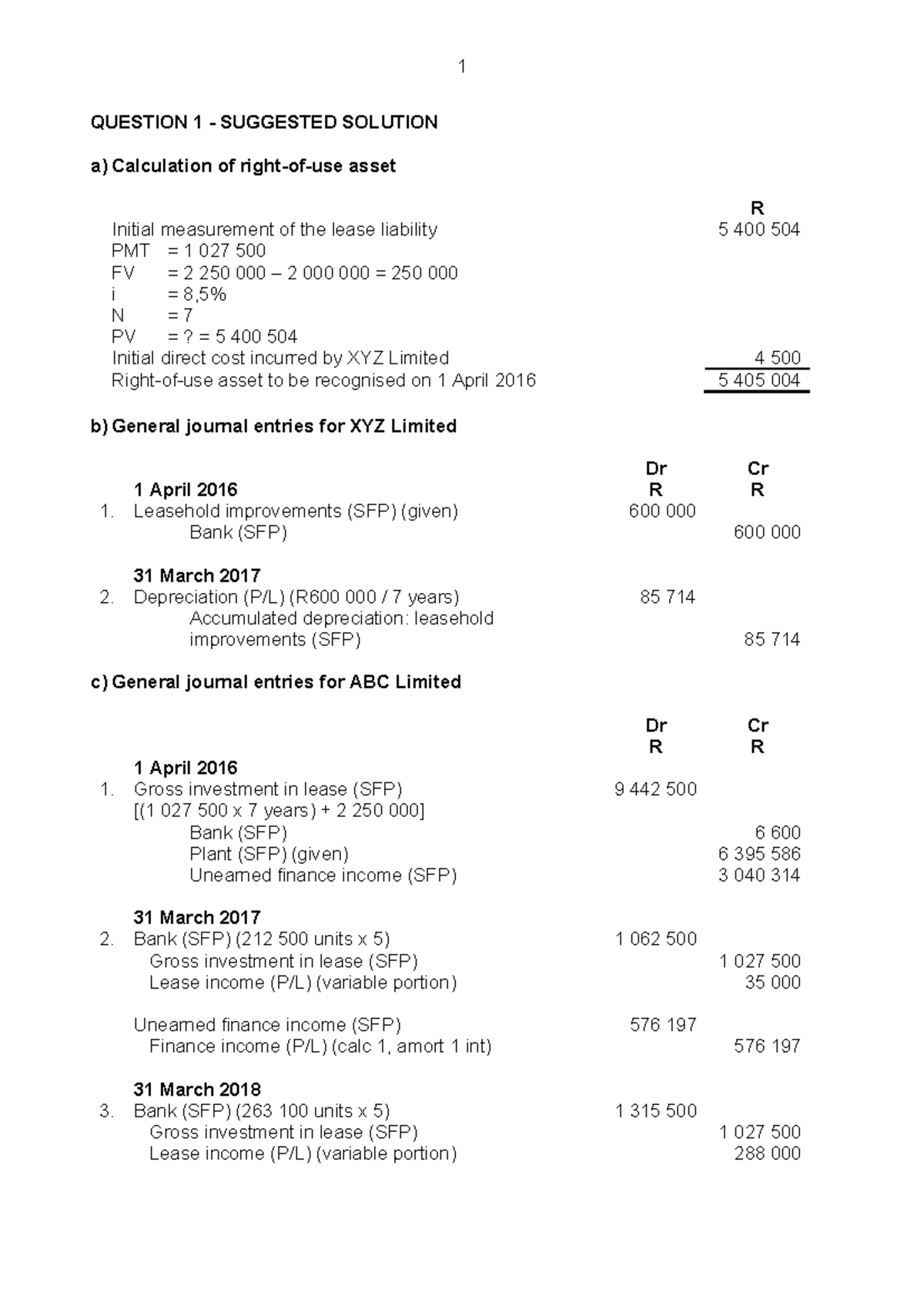 Tutor 3 IFRS 16 S - QUESTION 1 - SUGGESTED SOLUTION a) Calculation of ...