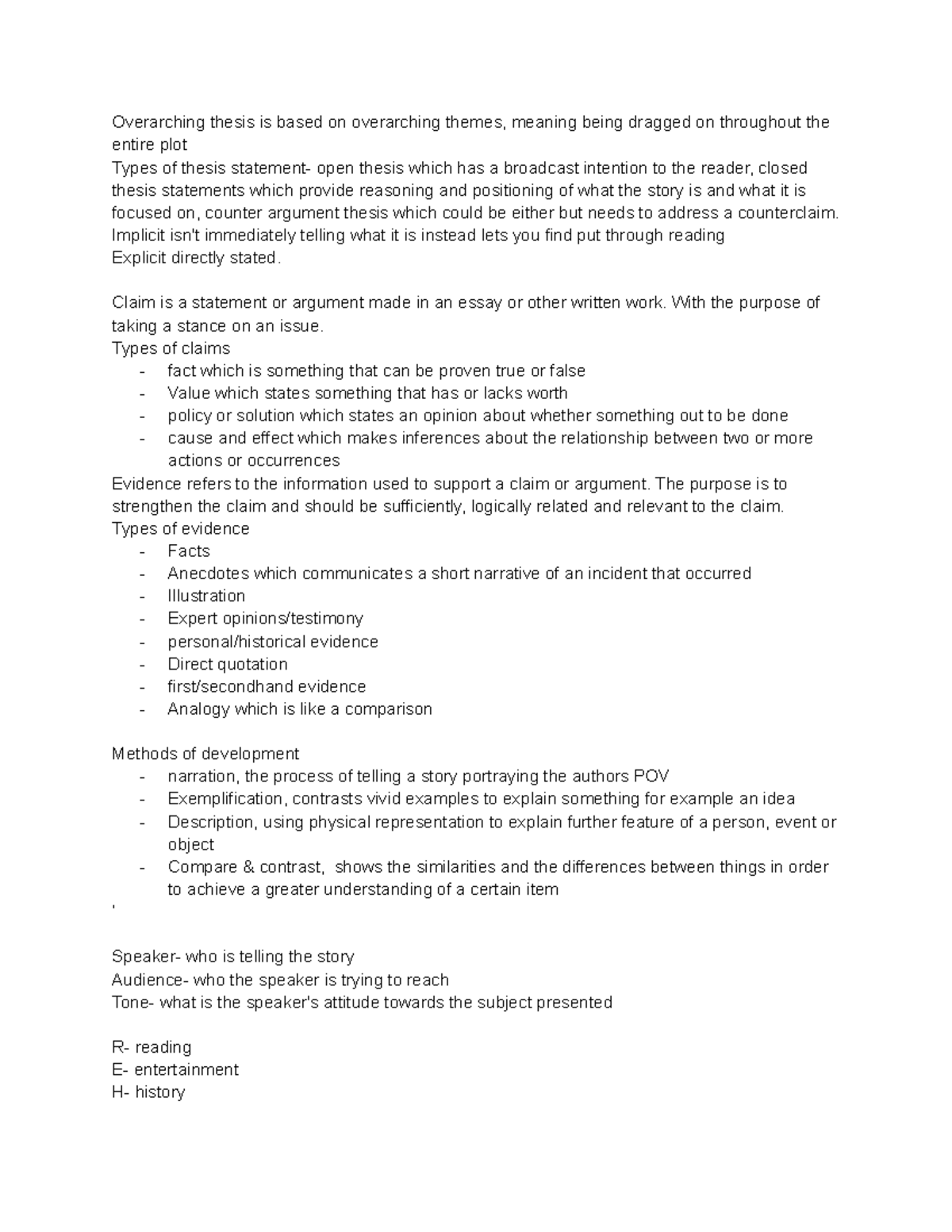 Notes - methods of developments, types of claims - Overarching thesis ...