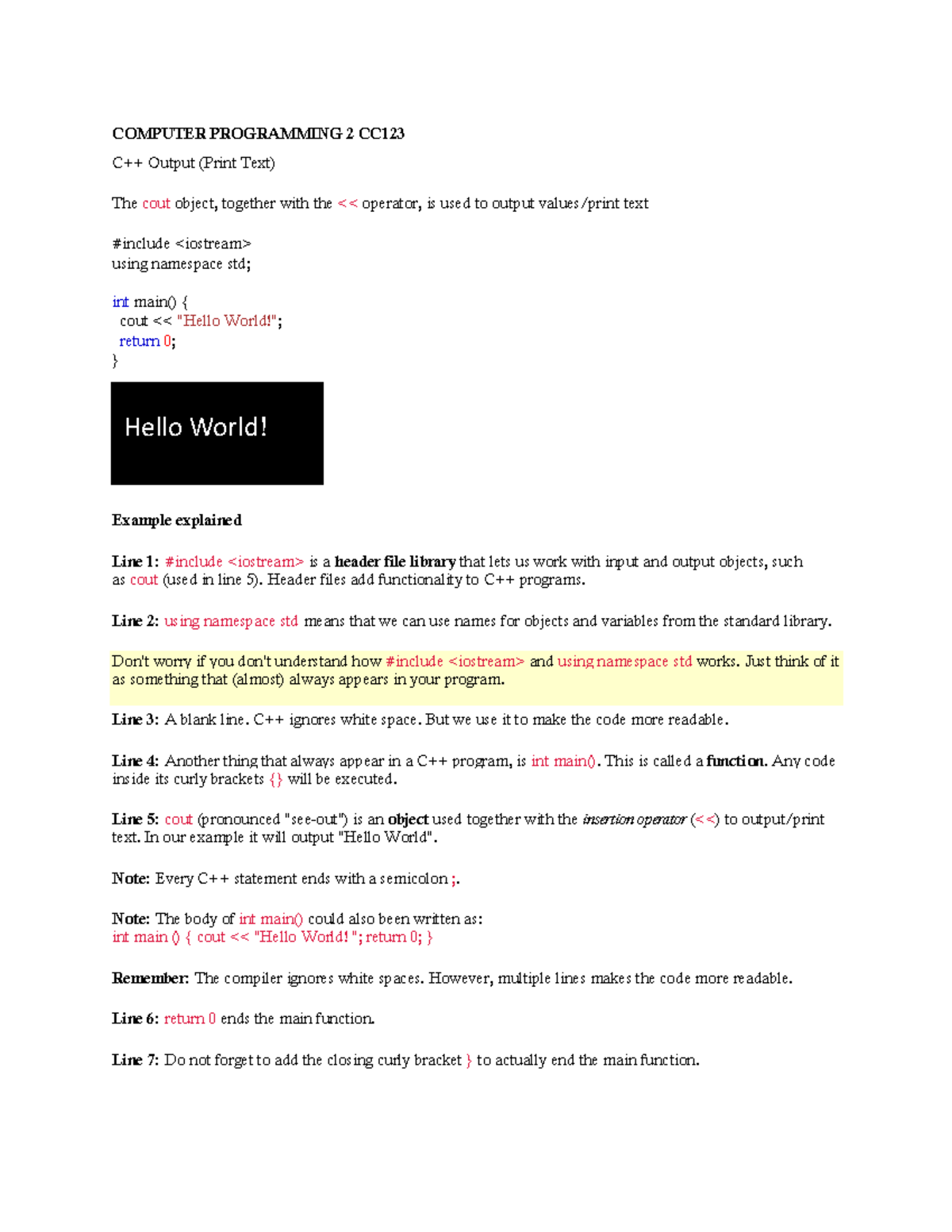 Syntax - COMPUTER PROGRAMMING 2 CC C++ Output (Print Text) The cout ...