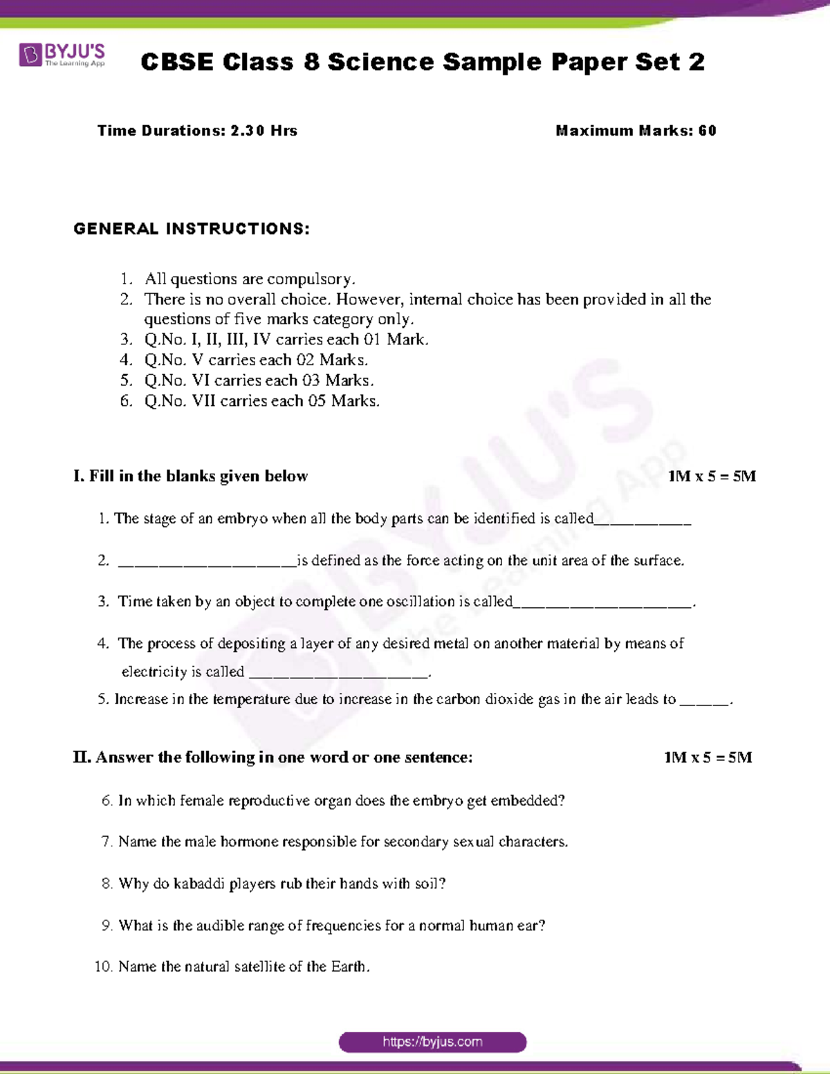 CBSE Class 8 Science Sample Paper Set 2 - Maximum Marks: 60 GENERAL ...