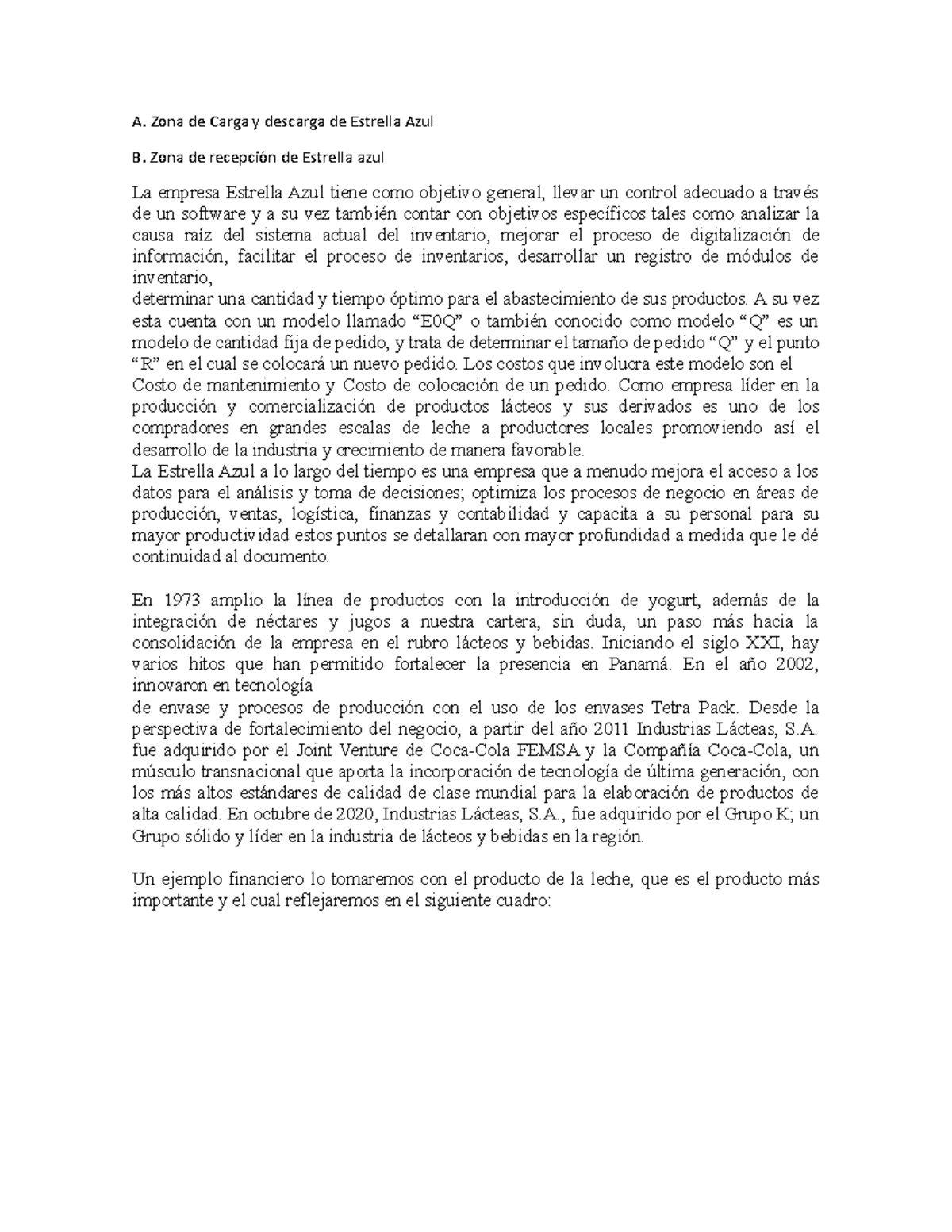 Estrella AZUL Informe A. Zona de Carga y descarga de Estrella Azul B. Zona de recepción de