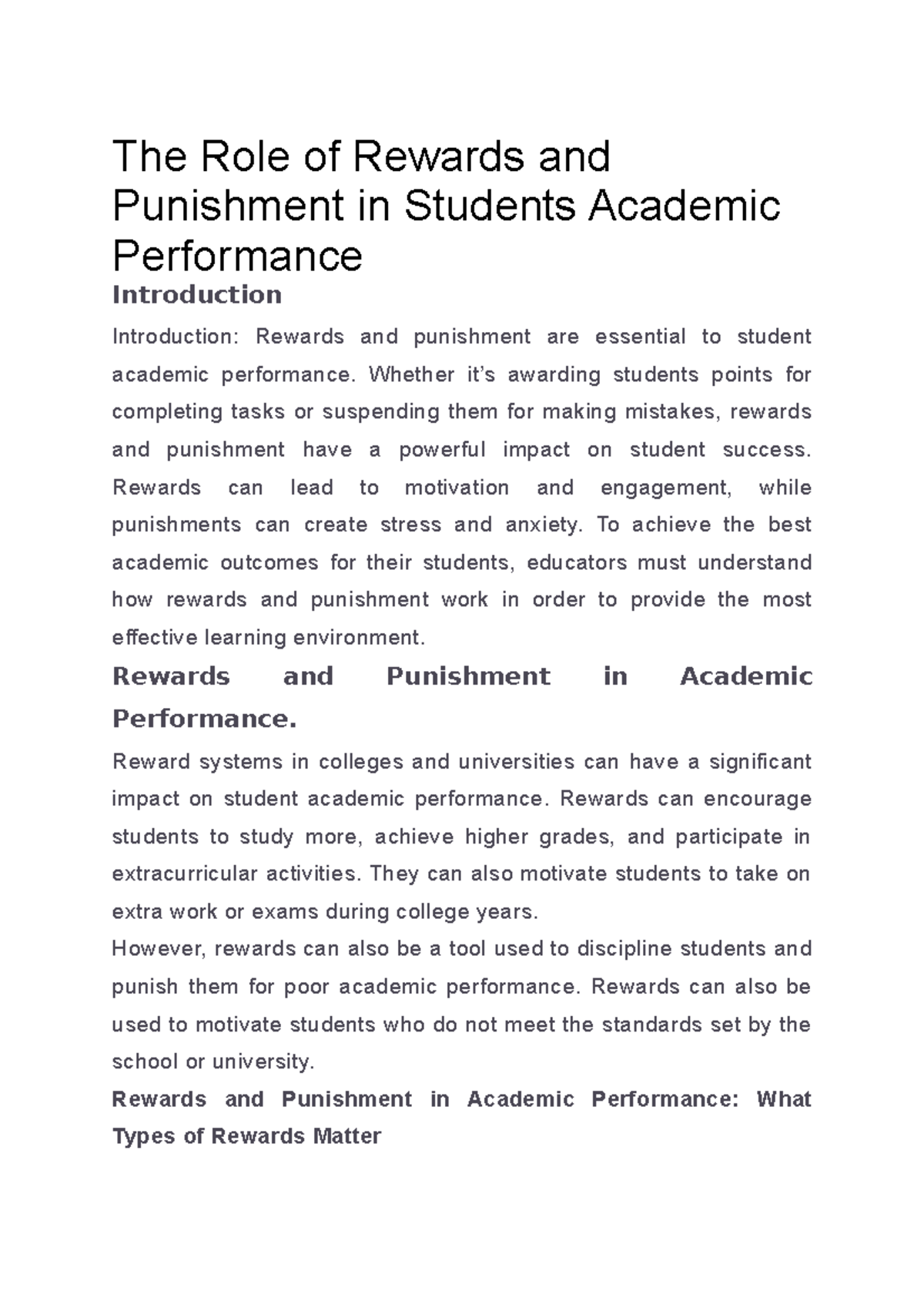 The Role of Rewards and Punishment in Students Academic Performance