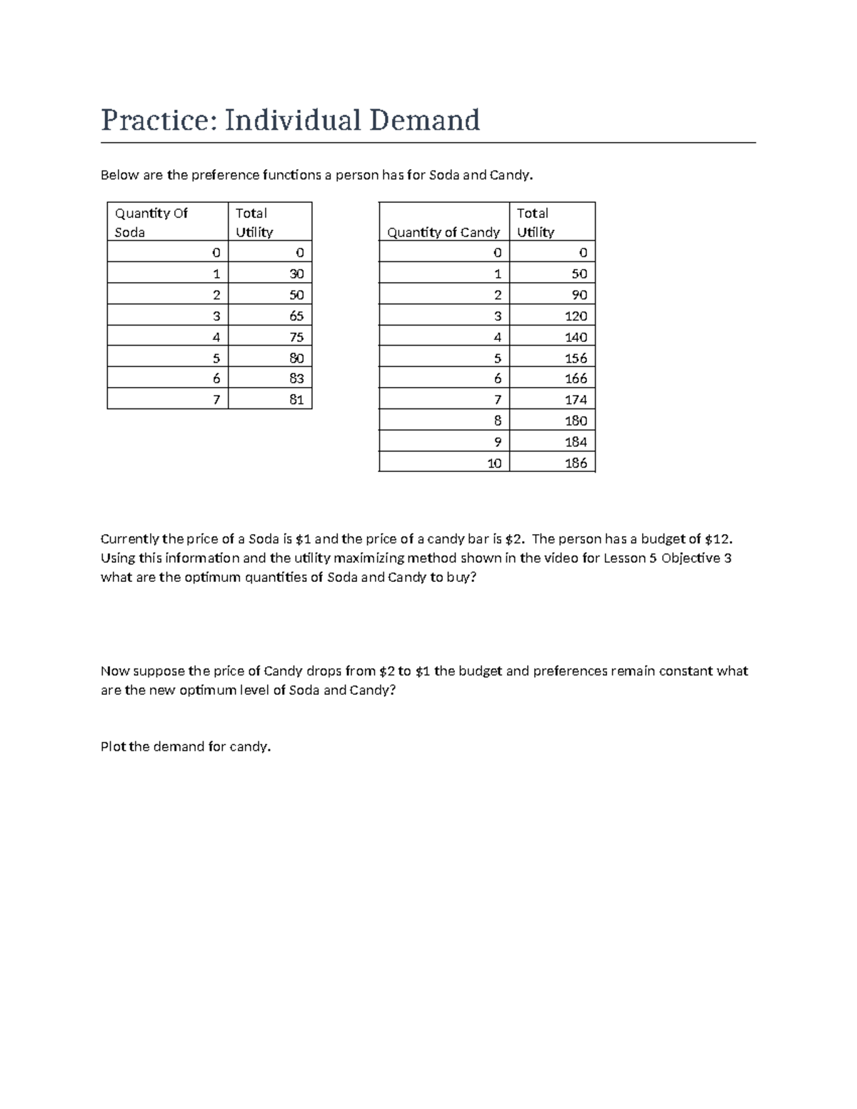 Utility Maximization Practice - Practice: Individual Demand Below are ...