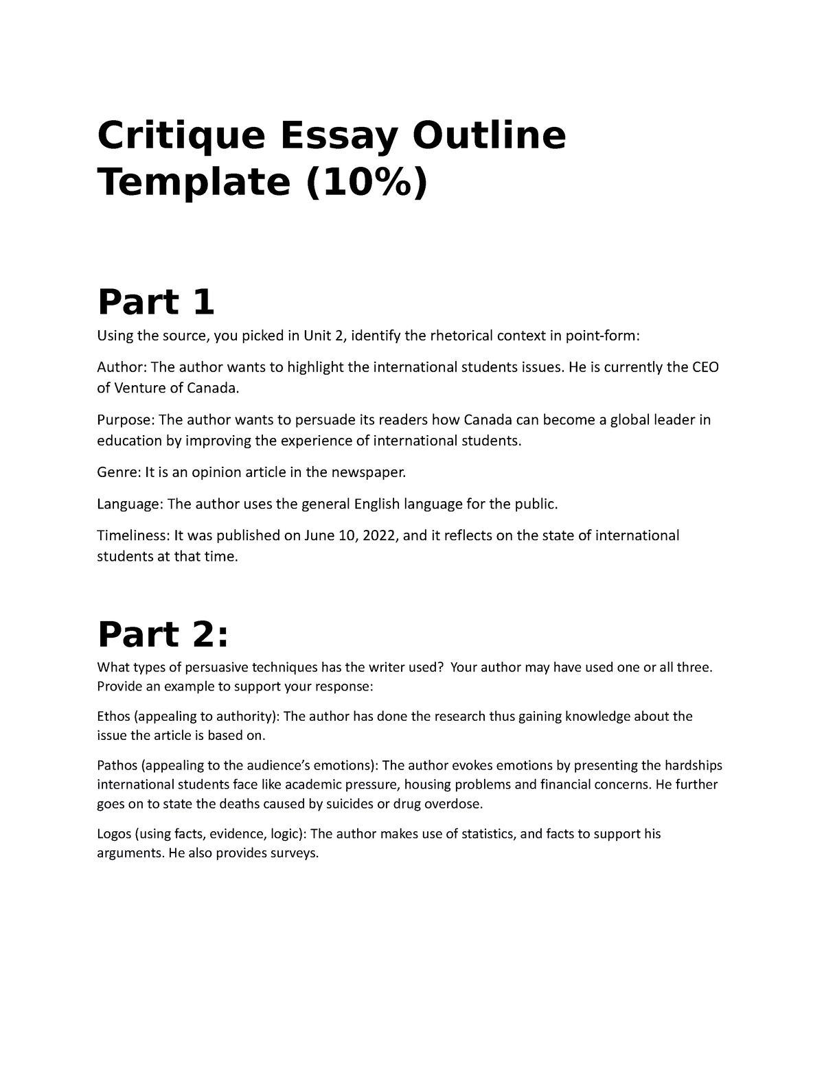 essay critique outline