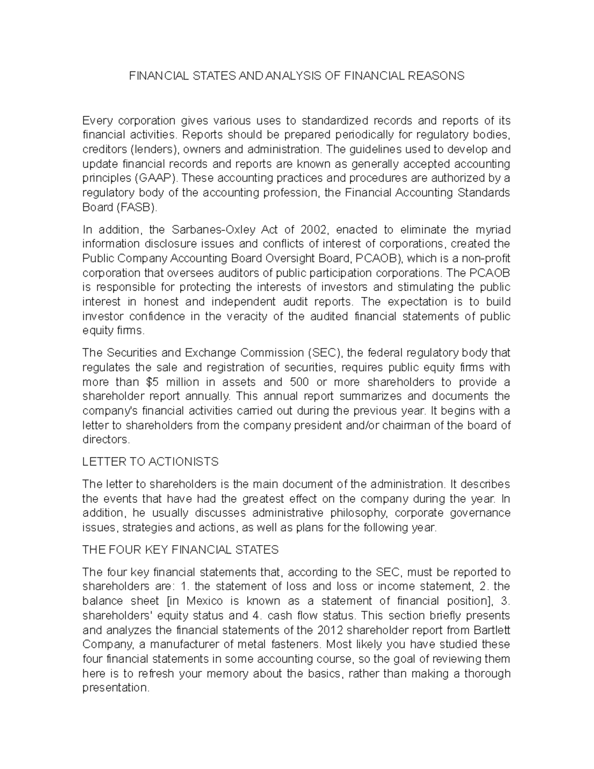 FINANCIAL STATES AND ANALYSIS OF FINANCIAL REASONS - Reports should be ...