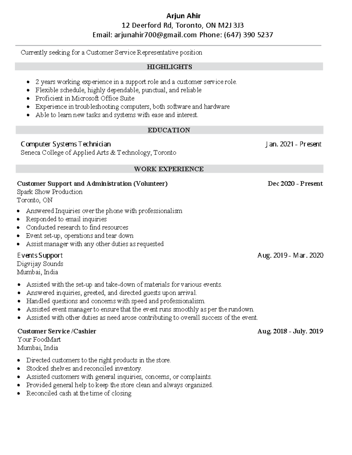 Arjun Ahir Resume - good - Arjun Ahir 12 Deerford Rd, Toronto, ON M2J ...