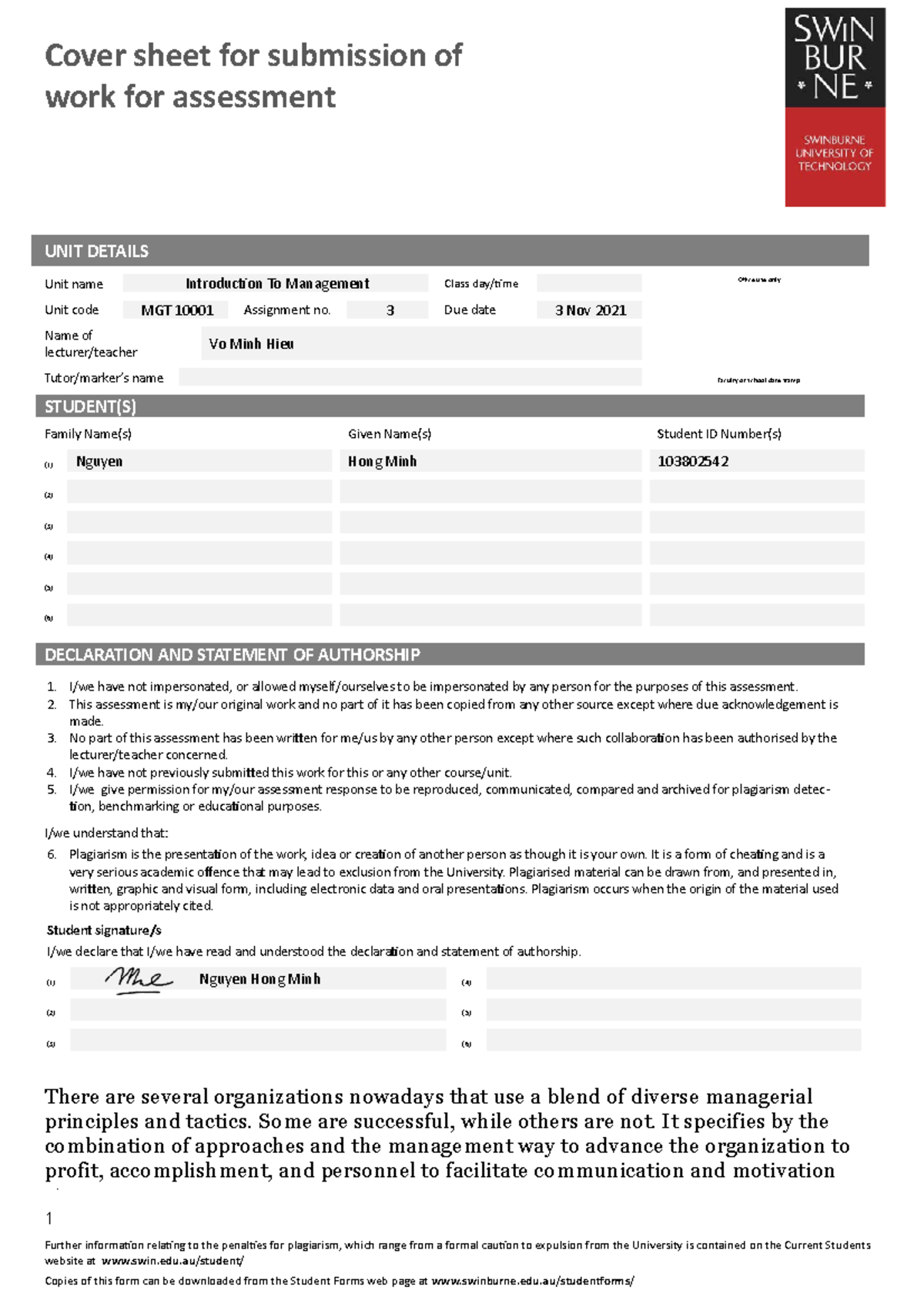 Introduction to management assessment 3 - Cover sheet for submission of ...