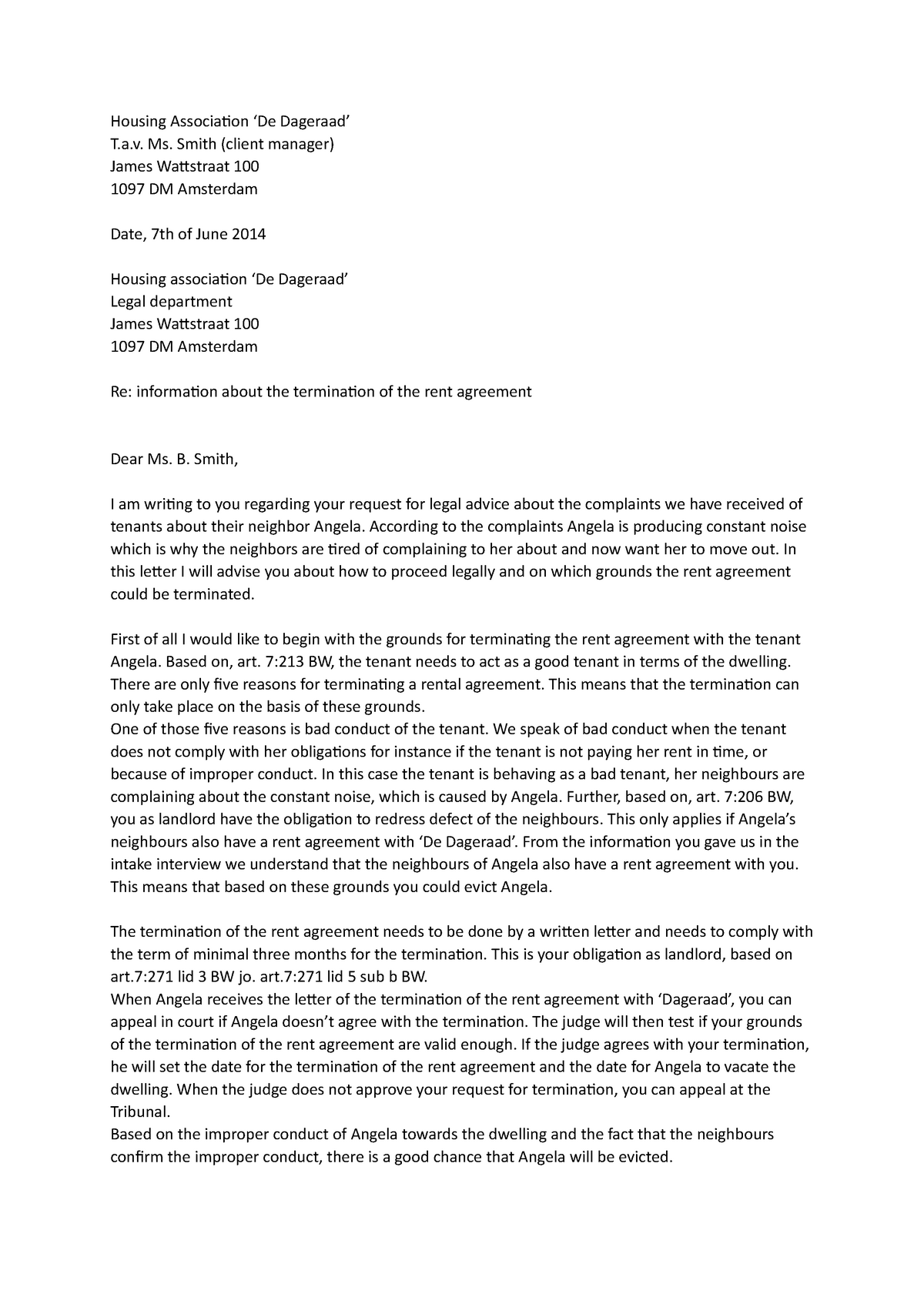 Letter of advice - Housing Association ‘De Dageraad’ T.a. Ms. Smith ...
