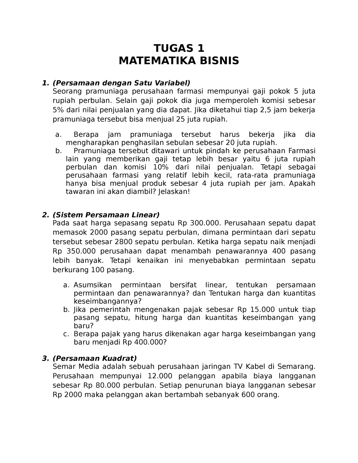 Tugas 1 - Materi Semester 1 - TUGAS 1 MATEMATIKA BISNIS (Persamaan ...