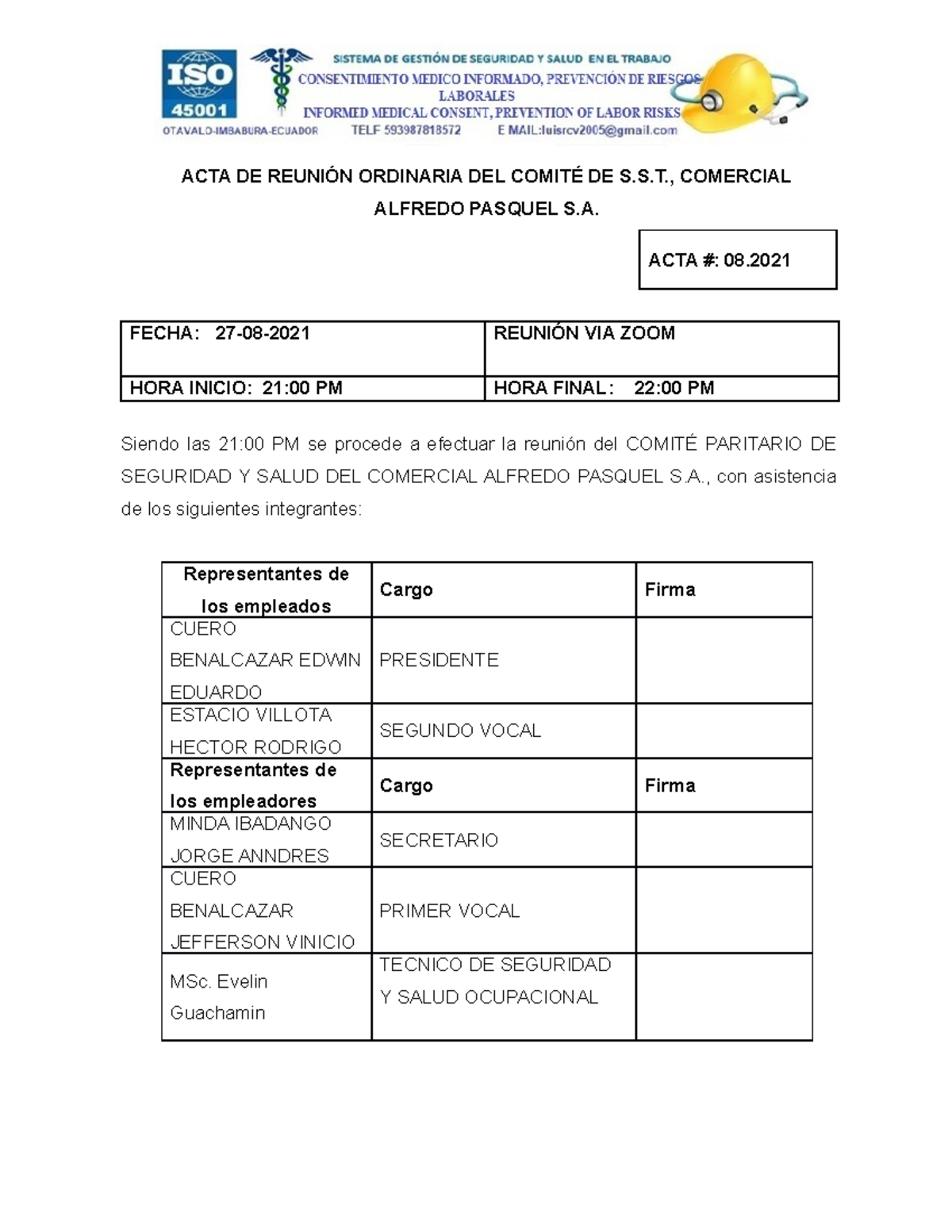 COMITE PARITARIO DE SEGURIDAD Y SALUD OCUPACIONAL - ACTA DE REUNIÓN ...