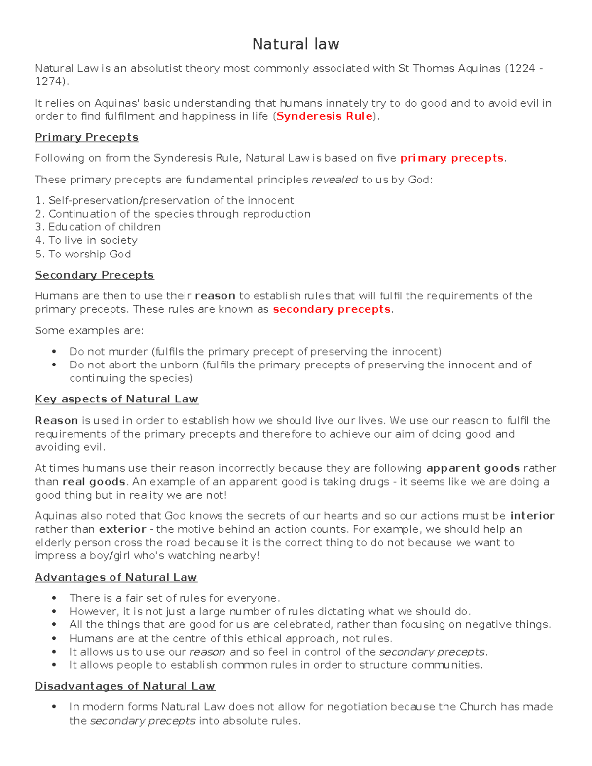 Natural Law revision summary - Natural law Natural Law is an absolutist ...