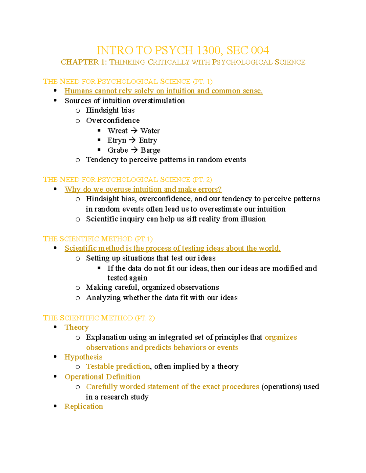 Psych Notes, Ch. 1 - INTRO TO PSYCH 1300, SEC 004 CHAPTER 1: THINKING CRITICALLY WITH ...