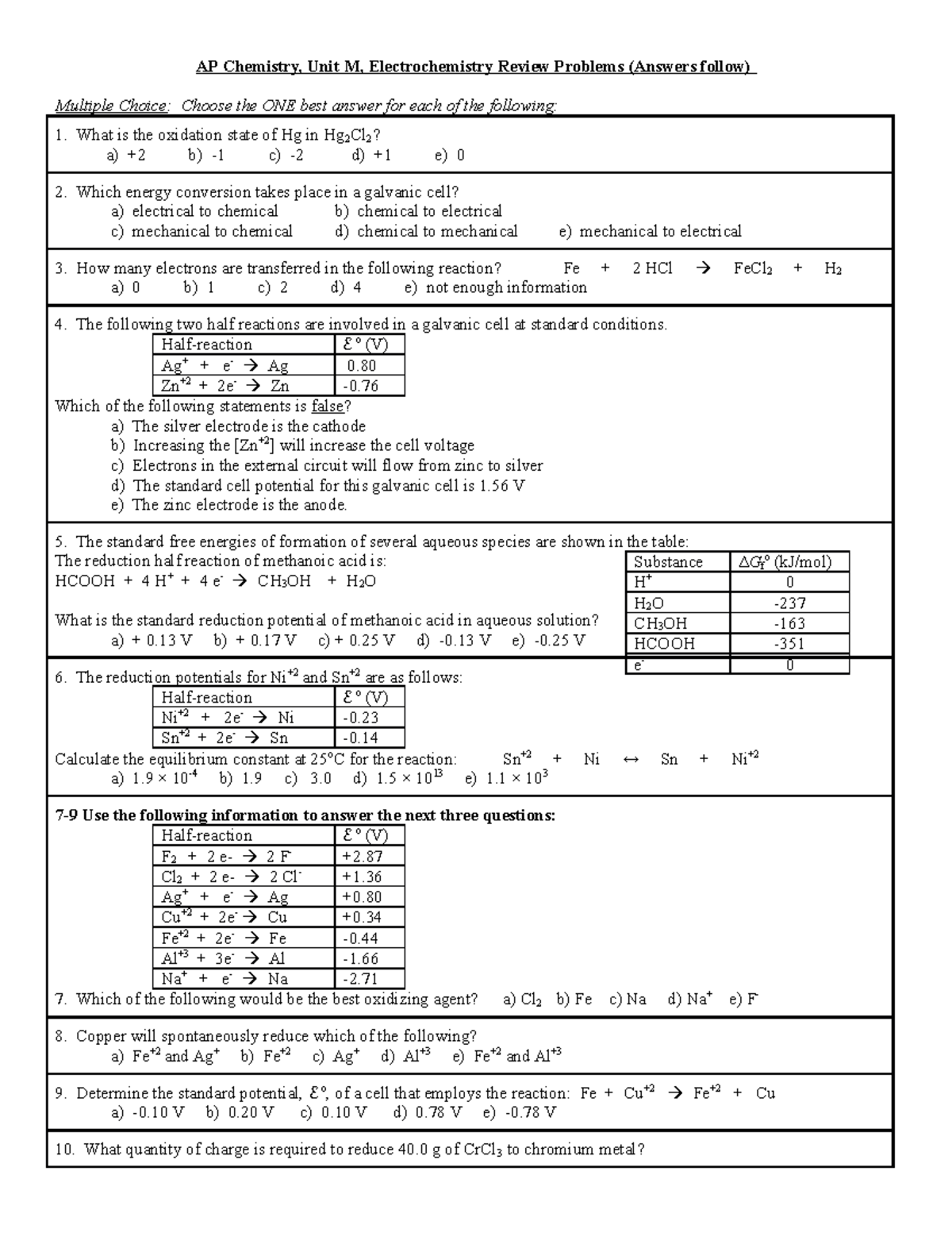 Unit M Review Chemistry Practice Ap Chemistry Unit M Electrochemistry Review Problems 2533