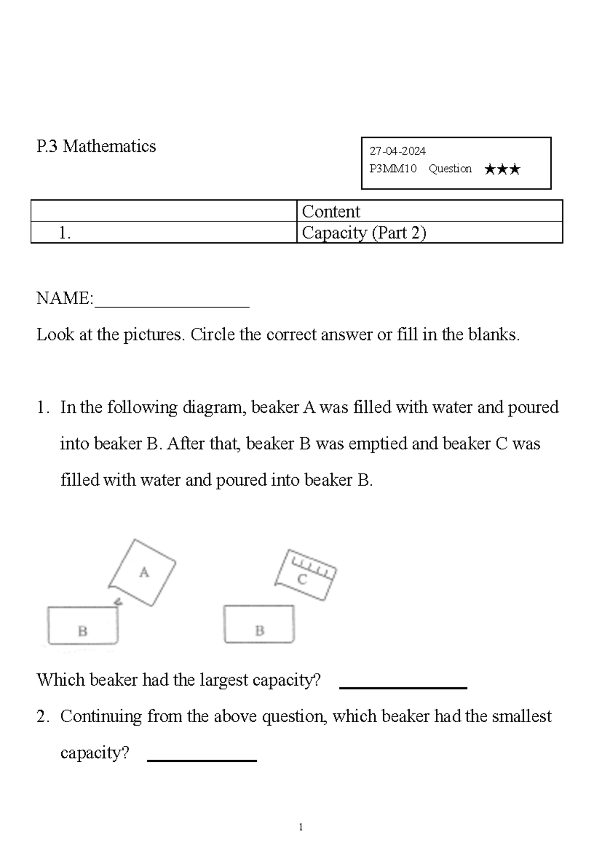 P.3_Maths_capacity - P Mathematics Content Capacity (Part 2) NAME ...