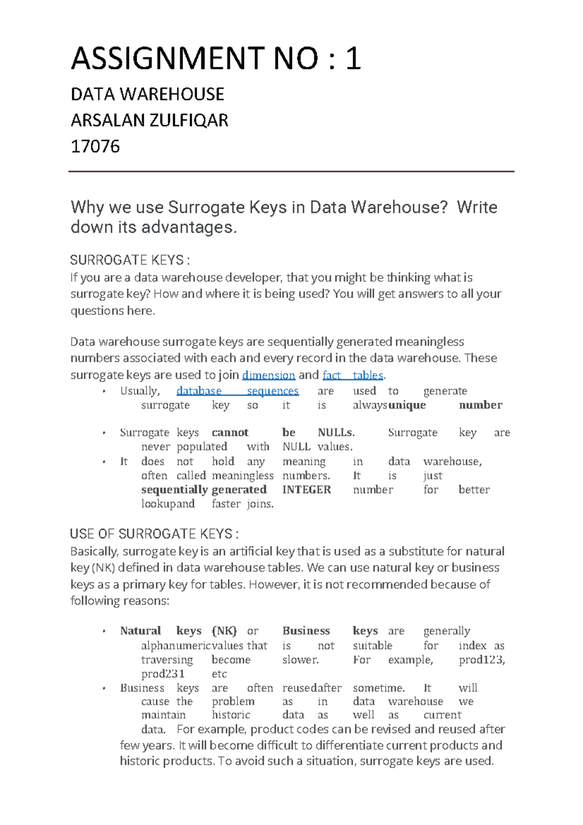 data warehouse assignment