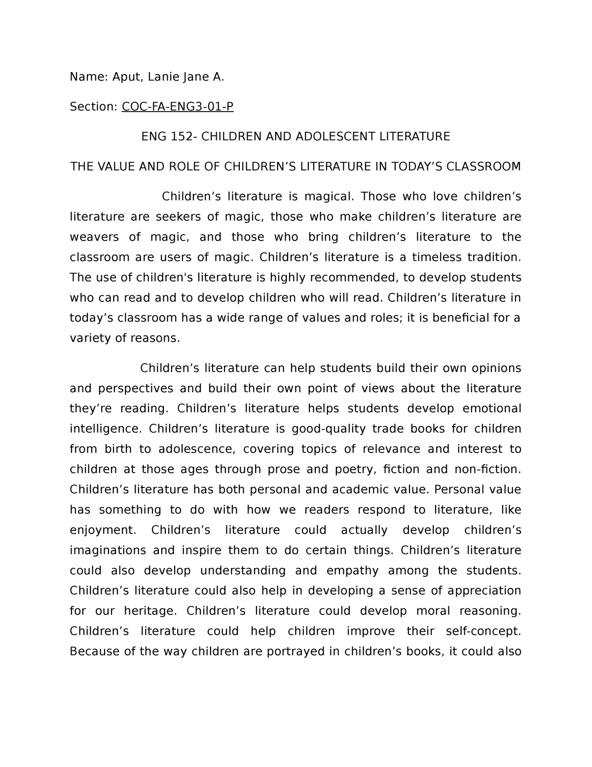 children's literature essay