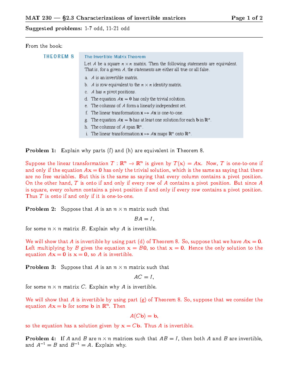 10-28 2.3 Characterizations Of Invertible Matrices, Solutions - MAT 230 ...