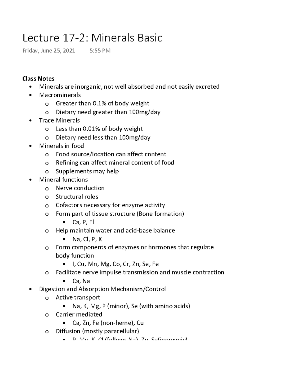 Lecture 17-2- Minerals Basic - Class Notes Minerals are inorganic, not ...