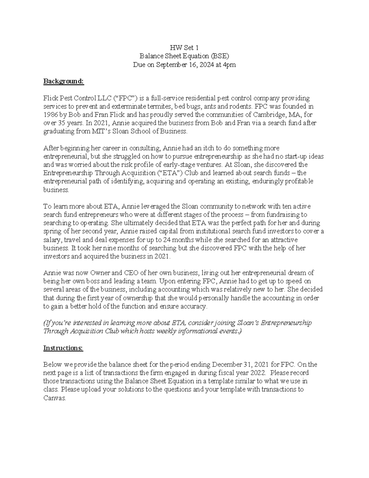 HW1 - homework - HW Set 1 Balance Sheet Equation (BSE) Due on September ...