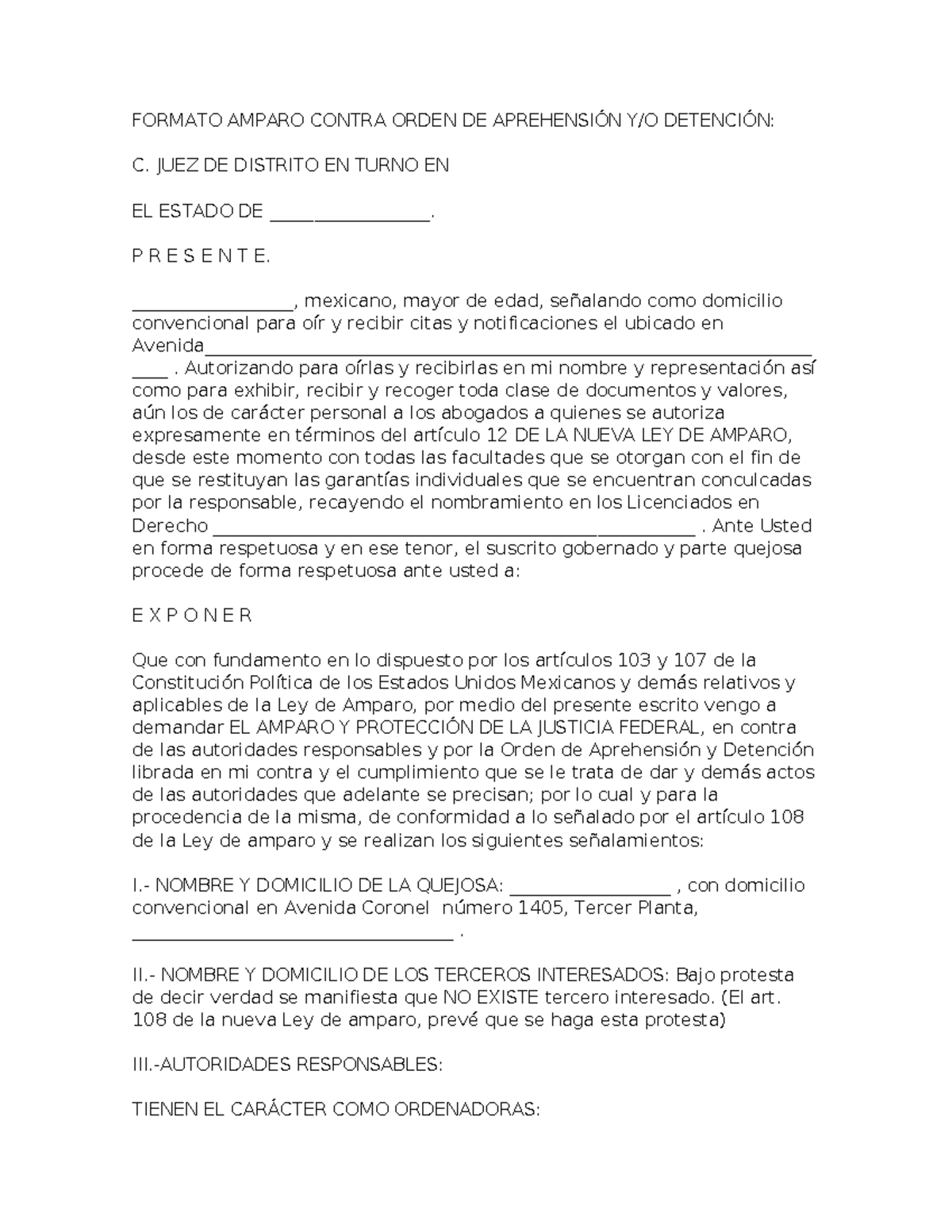 Formato Amparo Contra Orden DE Aprehensión Y - FORMATO AMPARO CONTRA ...