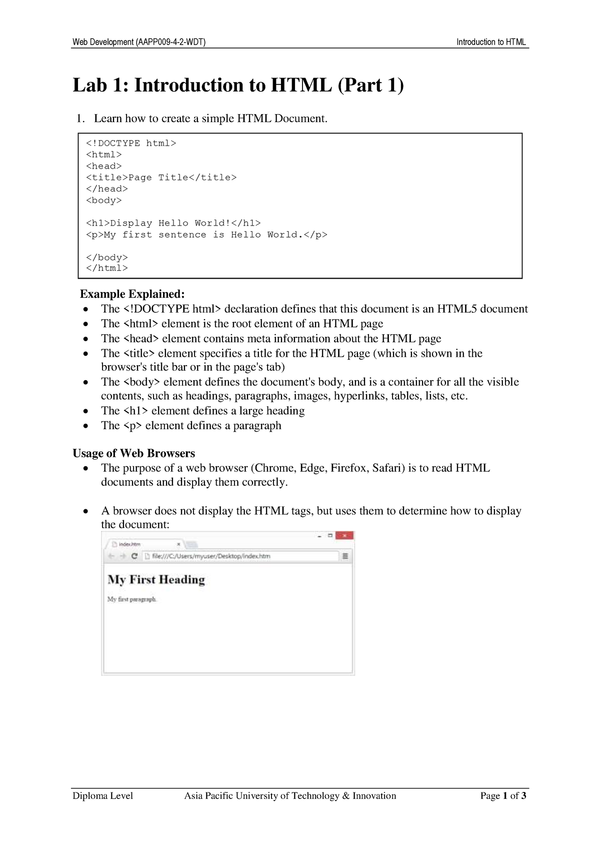 Lab 1 - Introduction To HTML (Part 1) - Web Development (AAPP009-4-2 ...