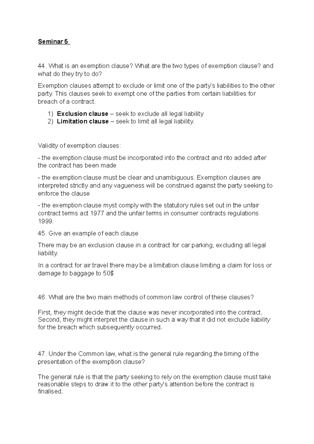 Seminar 5 Worksheet Seminar 5 What is an exemption clause? What are