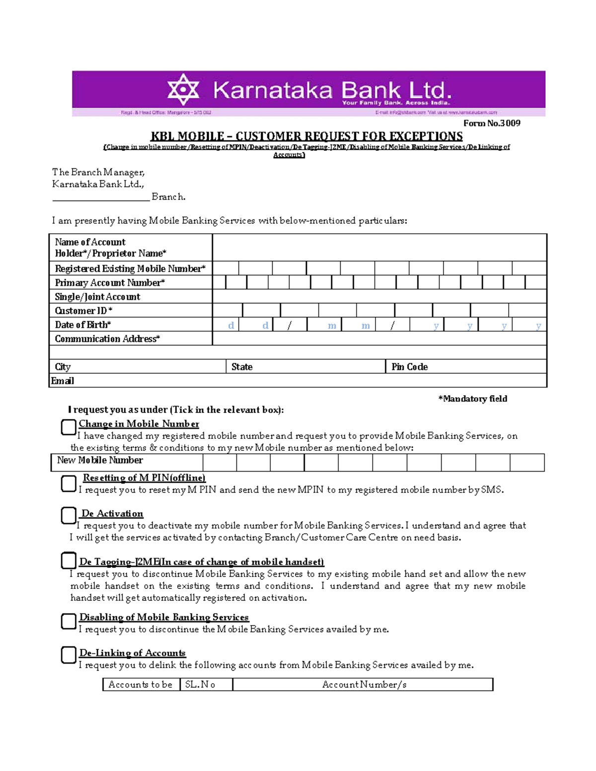 Mobile Banking Exception - Form No. KBL MOBILE – CUSTOMER REQUEST FOR ...
