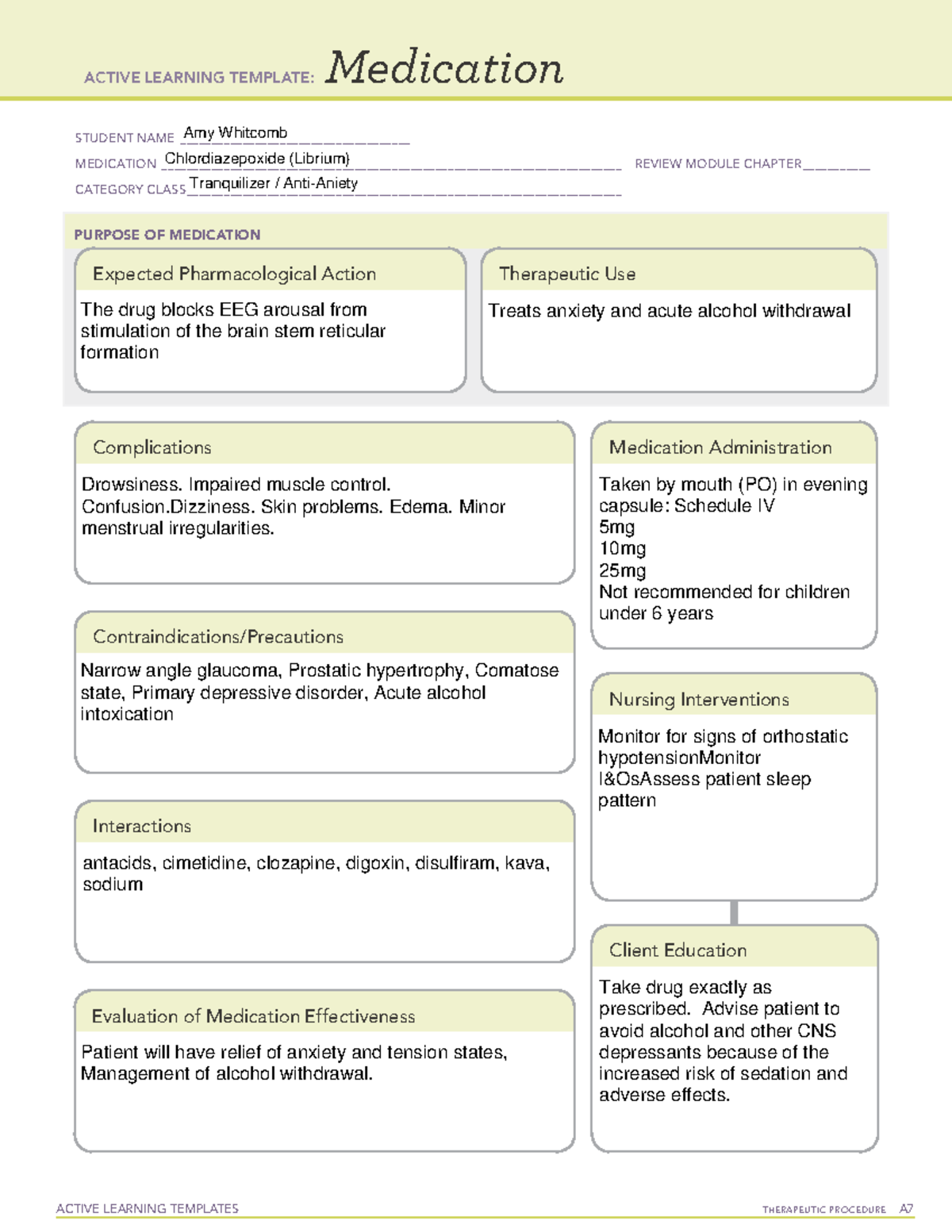 ATI CHlordiazepoxide Medication Sheet - ACTIVE LEARNING TEMPLATES ...