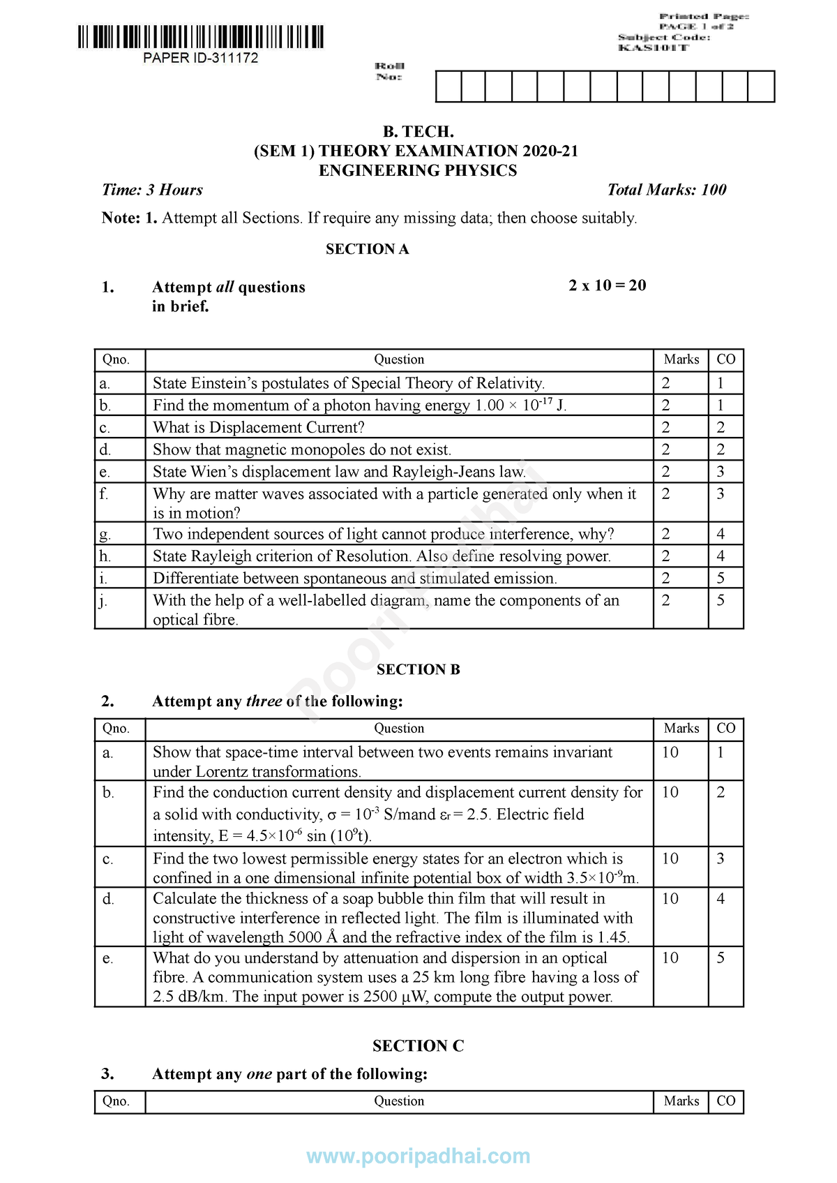 Engineering Physics KAS101T - B. TECH. (SEM 1) THEORY EXAMINATION 2020 ...