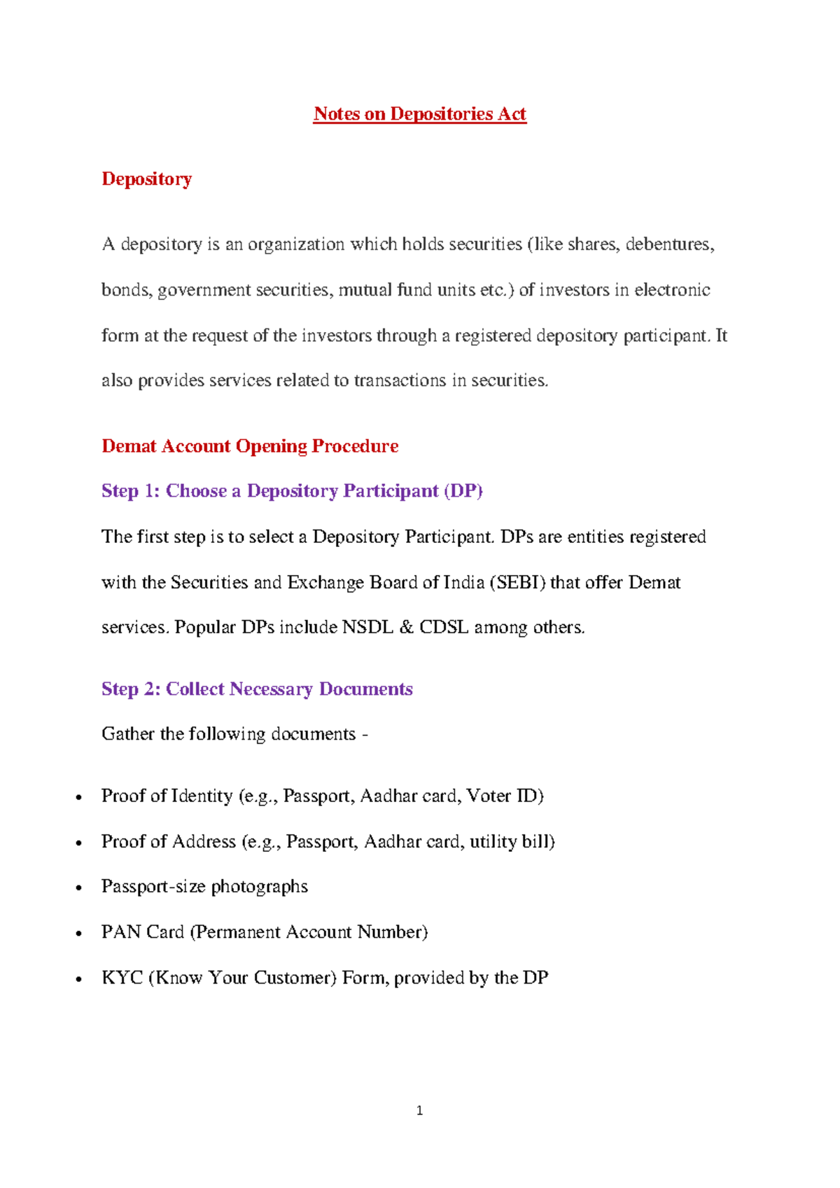 Depositories ACT Notes pdf - Notes on Depositories Act Depository A ...