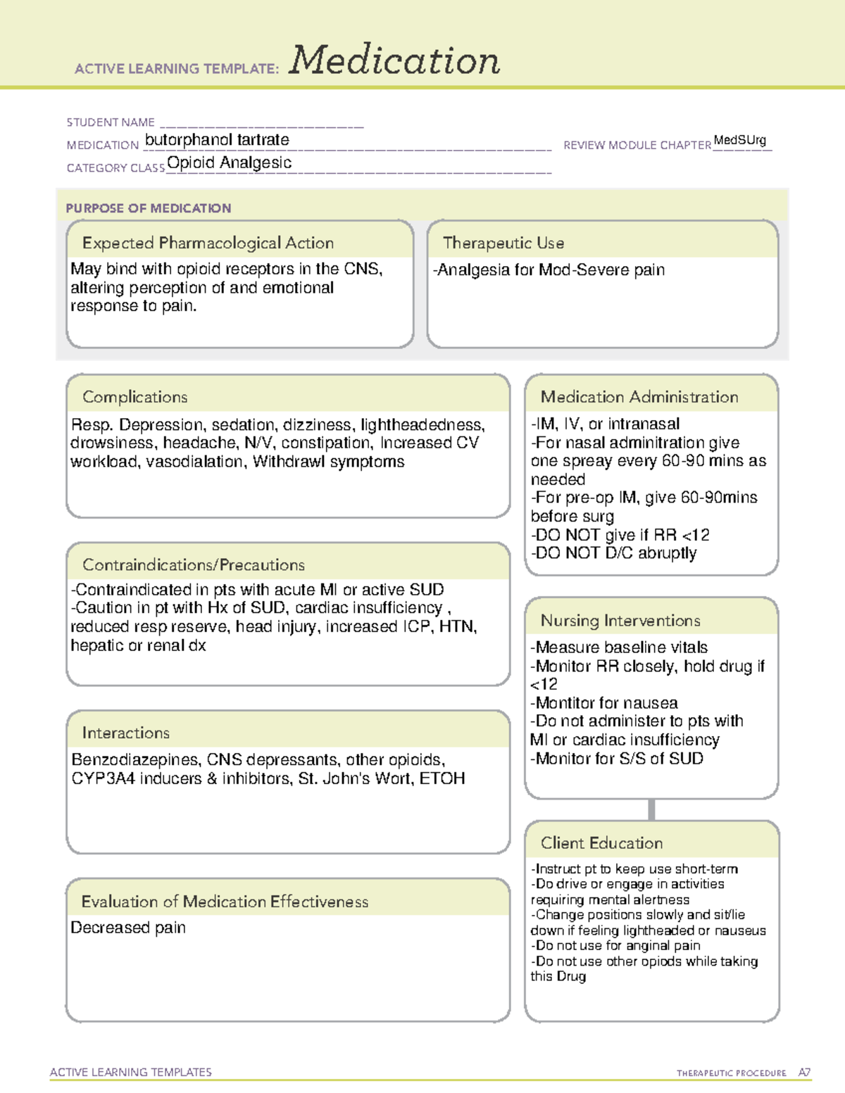 Butorphanol Med Sheet - ACTIVE LEARNING TEMPLATES TherapeuTic procedure ...