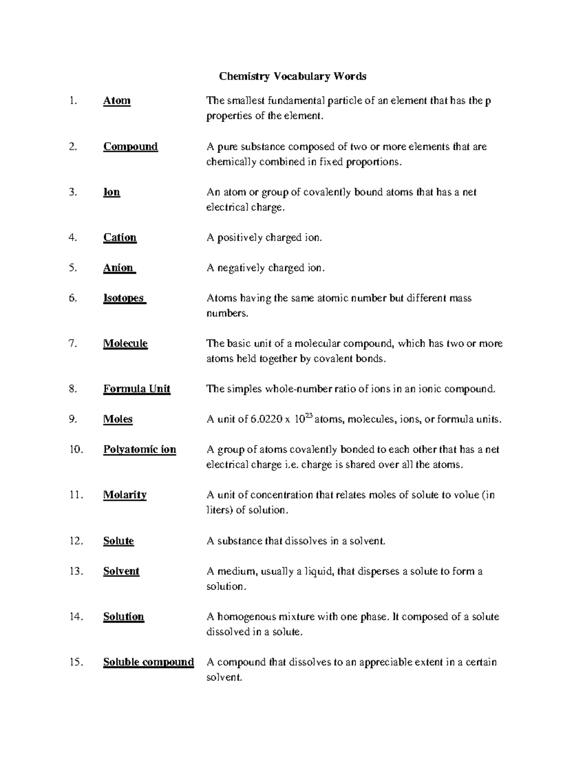 Vocab - with professor R - Chemistry Vocabulary Words Atom The smallest ...