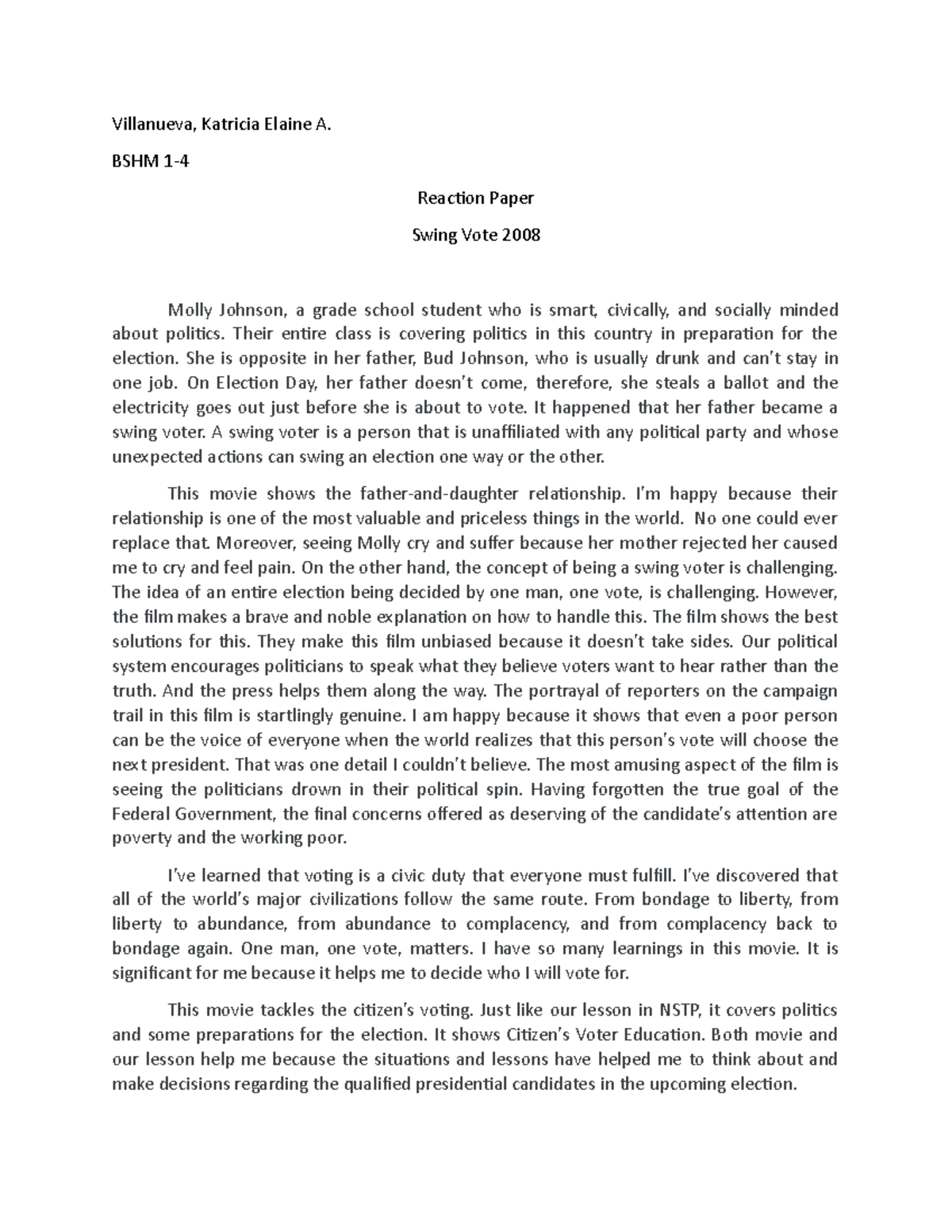 Reaction Paper (Swing Vote 2018) by Katricia Elaine - Readings in ...
