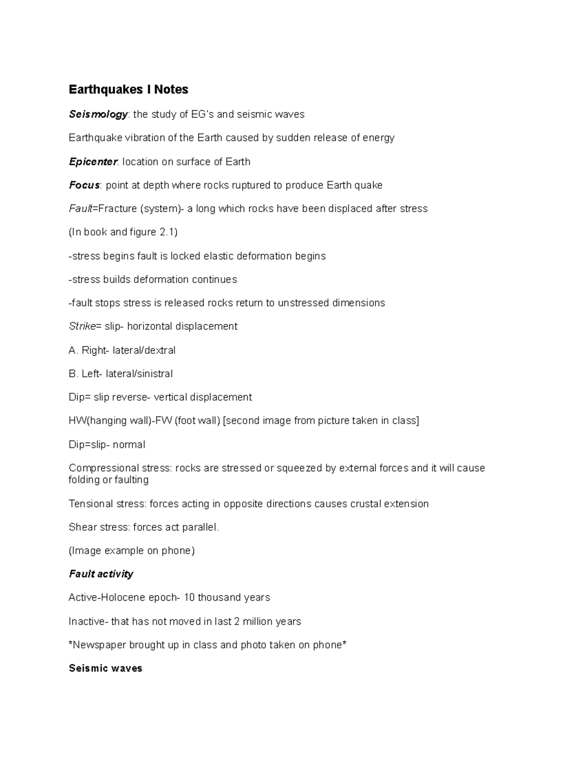 Earthquakes I Notes Earthquakes I Notes Seismology the study of EG’s
