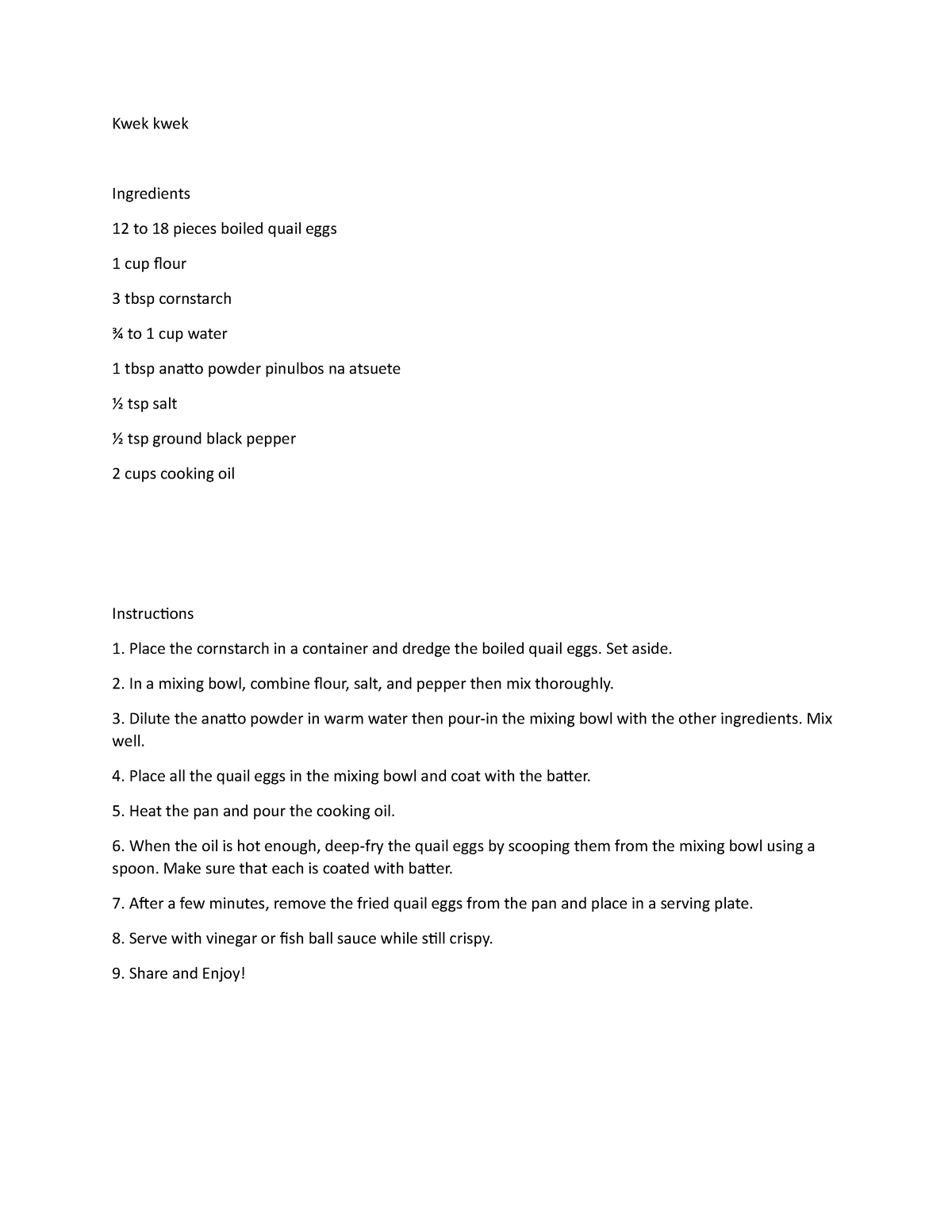 Kwek kwek - Lecture notes 1 - Kwek kwek Ingredients 12 to 18 pieces ...