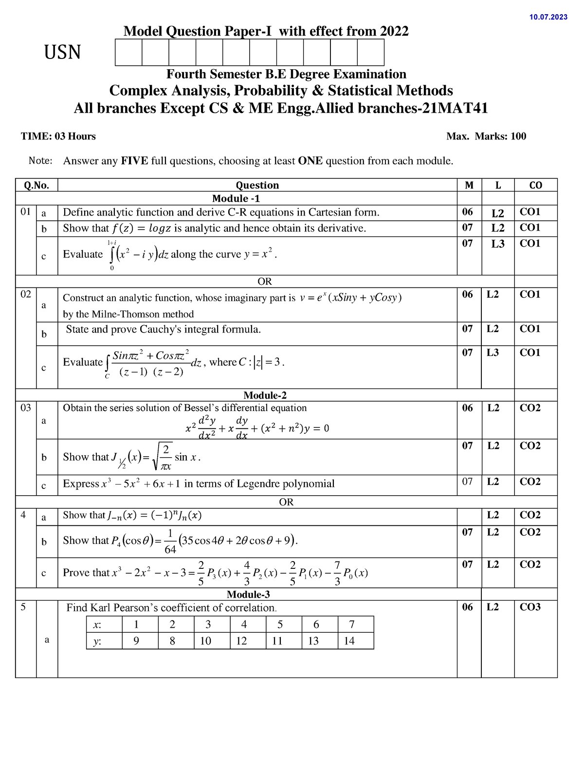 21MAT41set1 - SET-1 MAT Question Paper - Model Question Paper-I With ...