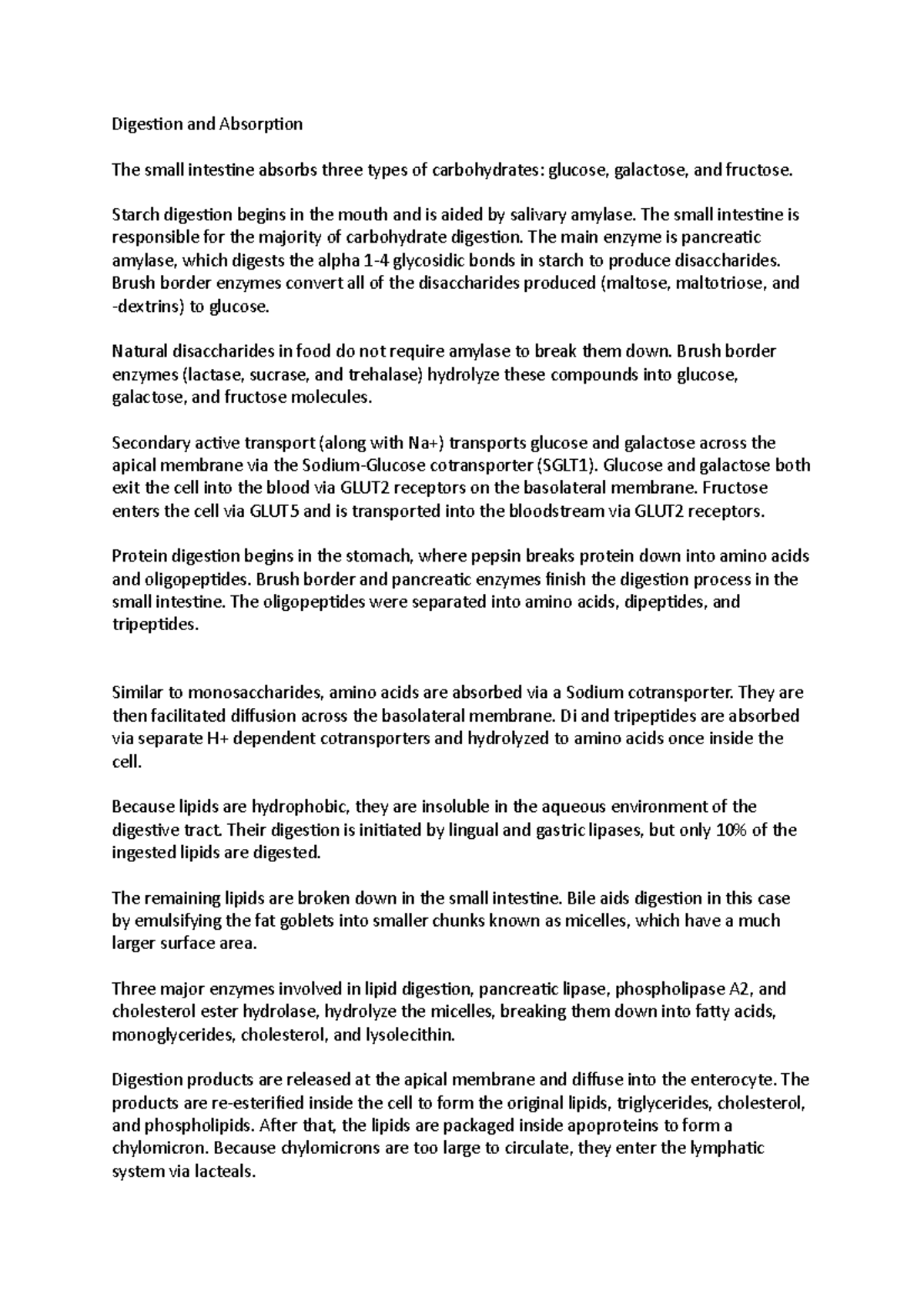 Digestion and Absorption Starch digestion begins in the mouth and is