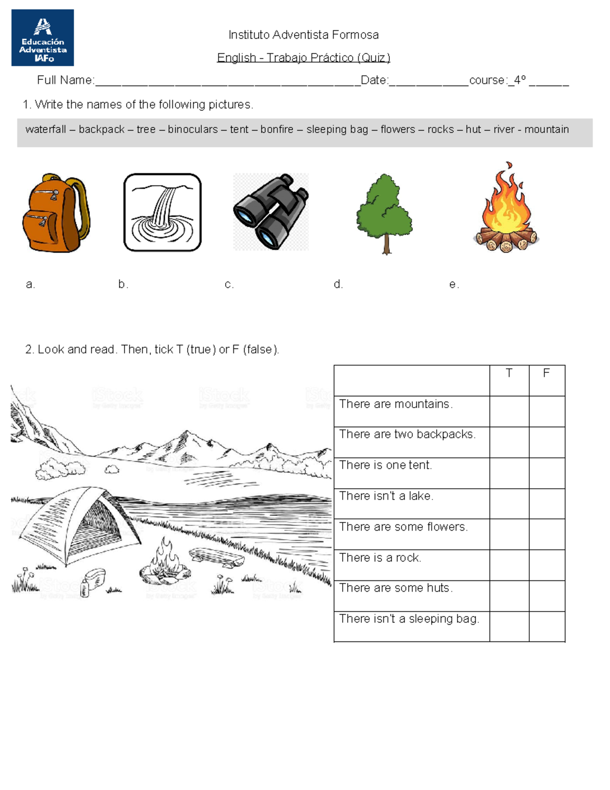  Quiz 1 camping elements there is -there are - Instituto Adventista Bildidee 