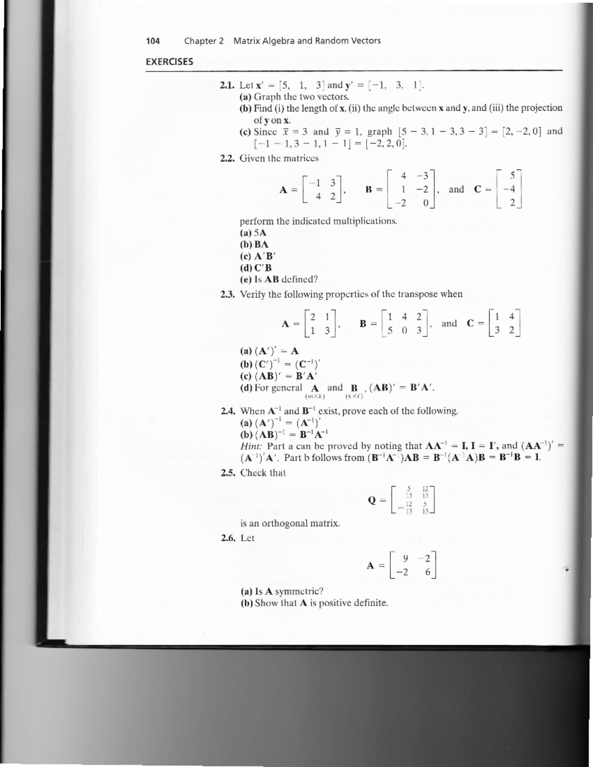 Homework 01 Questions - 104 Chapter 2 Matrix Algebra And Random Vectors ...