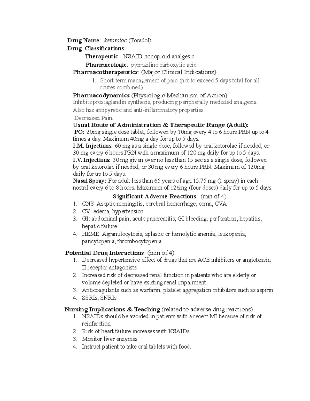 Toradol Course work drug cards Drug Name ketorolac (Toradol) Drug