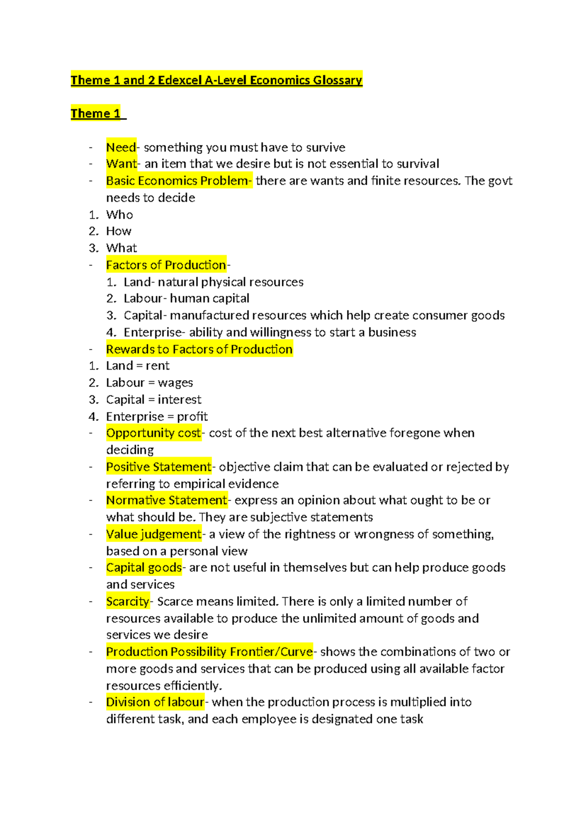 Economics Theme 1 and 2 Terms - Theme 1 and 2 Edexcel A-Level Economics ...