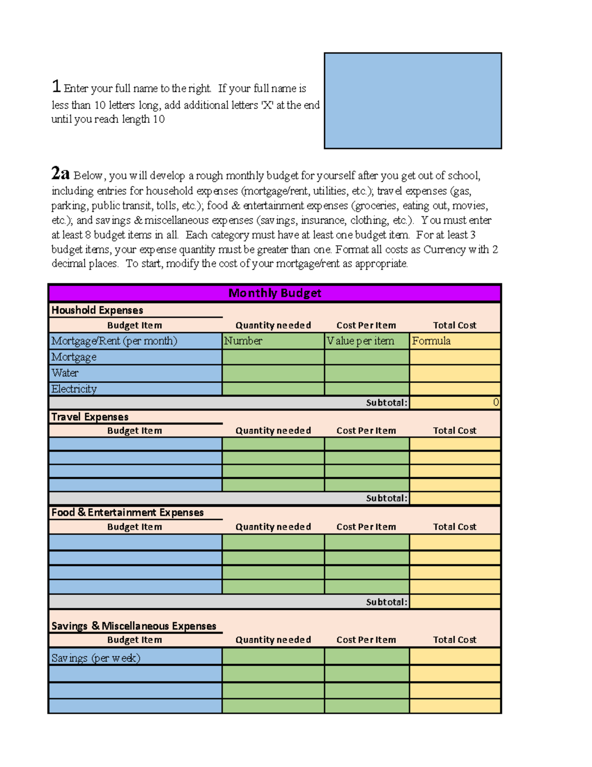 Excel Practice 2021 - Houshold Expenses Budget Item Quantity needed ...