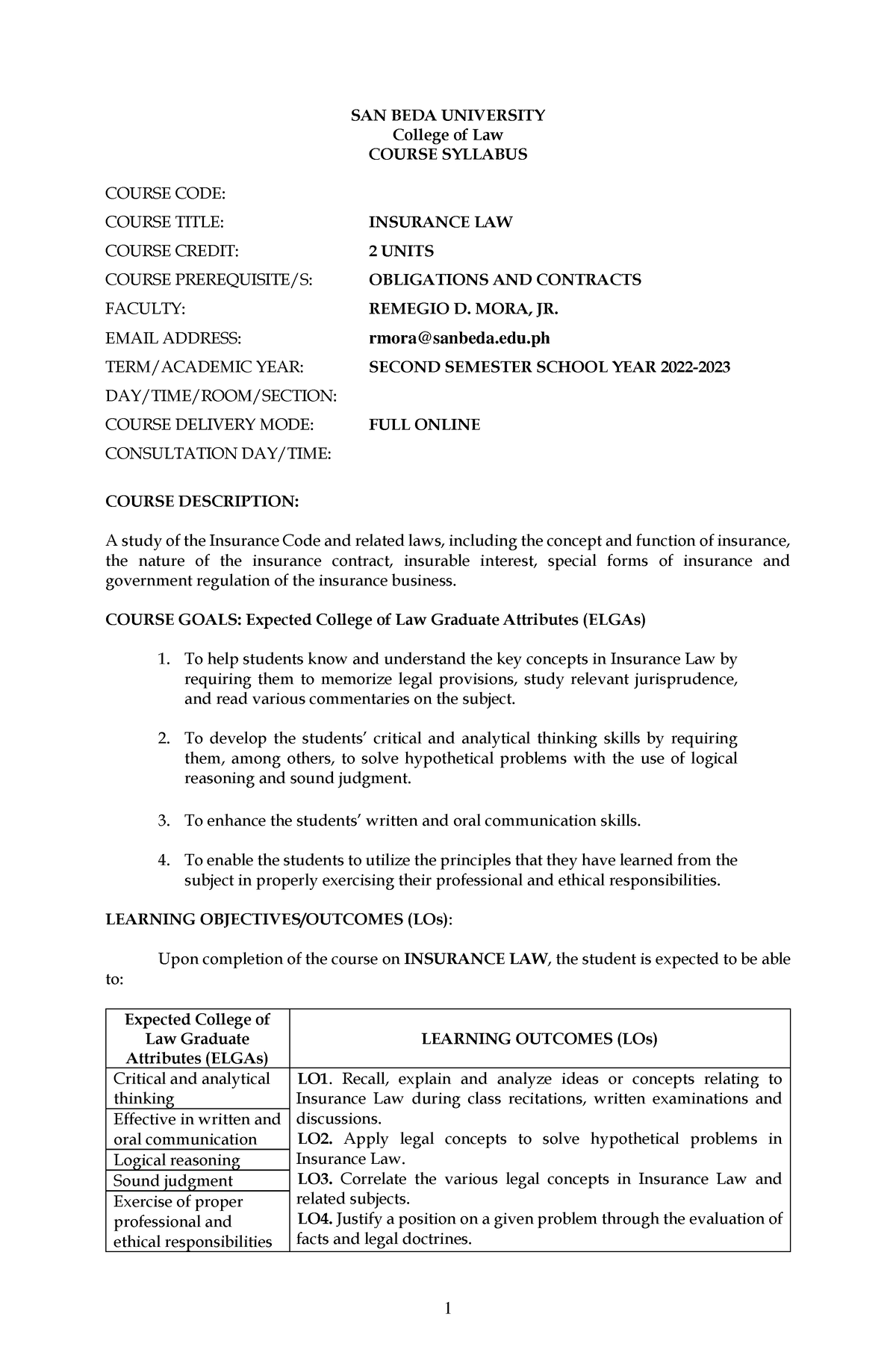 Syllabus (Insurance) - AY 2022-2023 - Updated - SAN BEDA UNIVERSITY ...