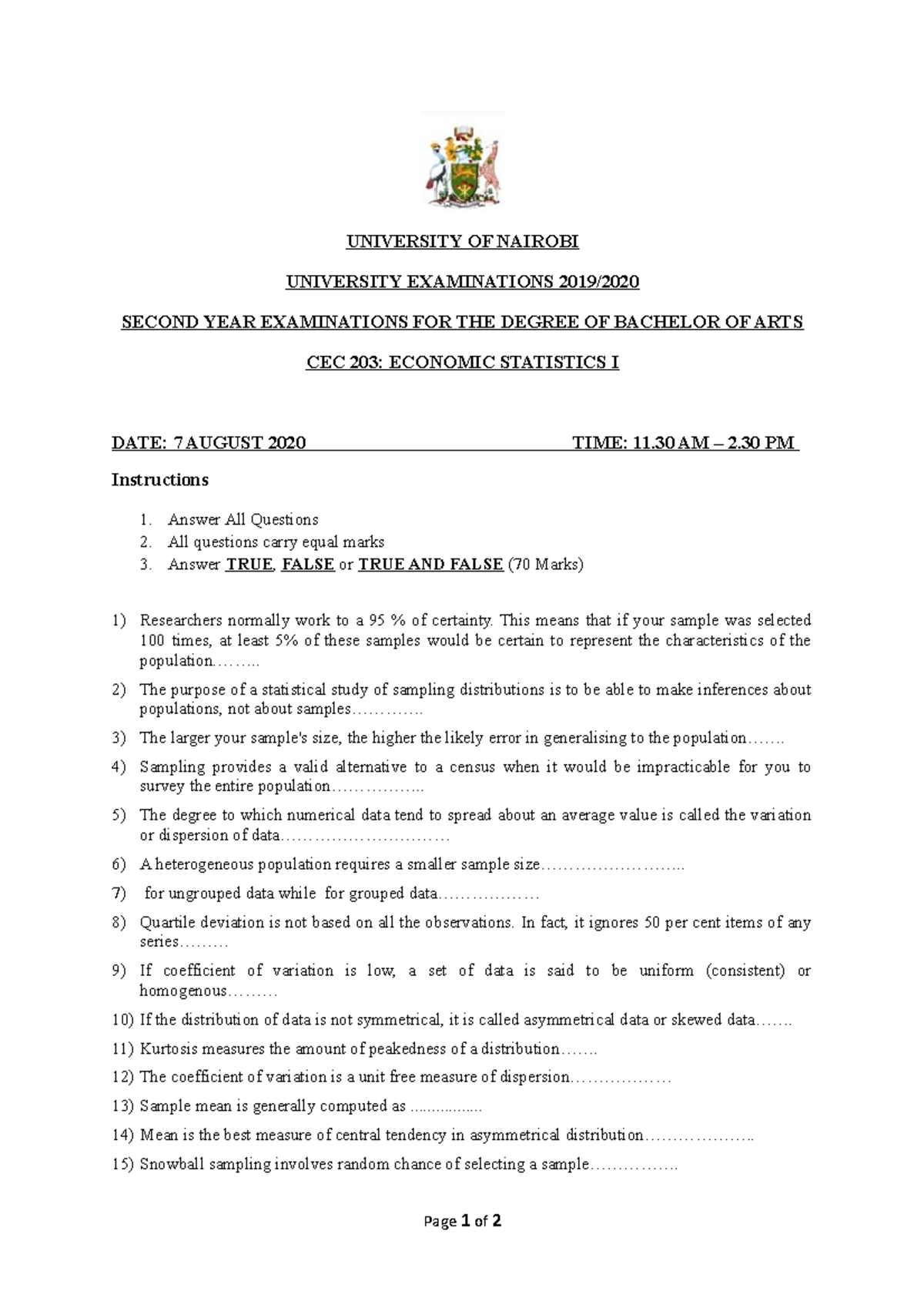 CEC 203 Economic Statistics I - UNIVERSITY OF NAIROBI UNIVERSITY ...