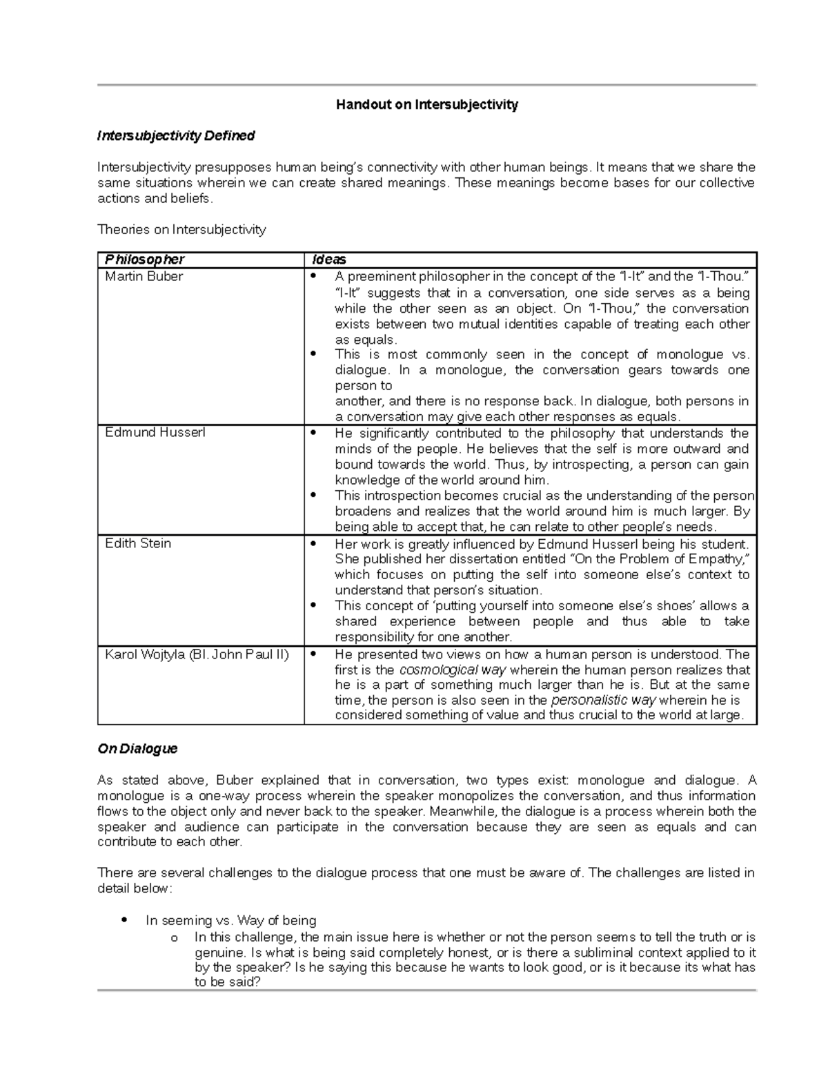 Intersubjectivity - Handout On Intersubjectivity Intersubjectivity ...