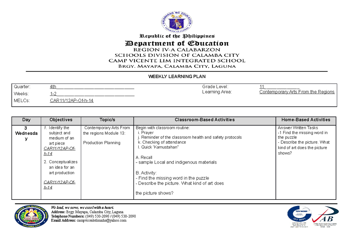 Weekly- Learning-PLAN Q4 Contemporary Philippine Arts From Regions ...