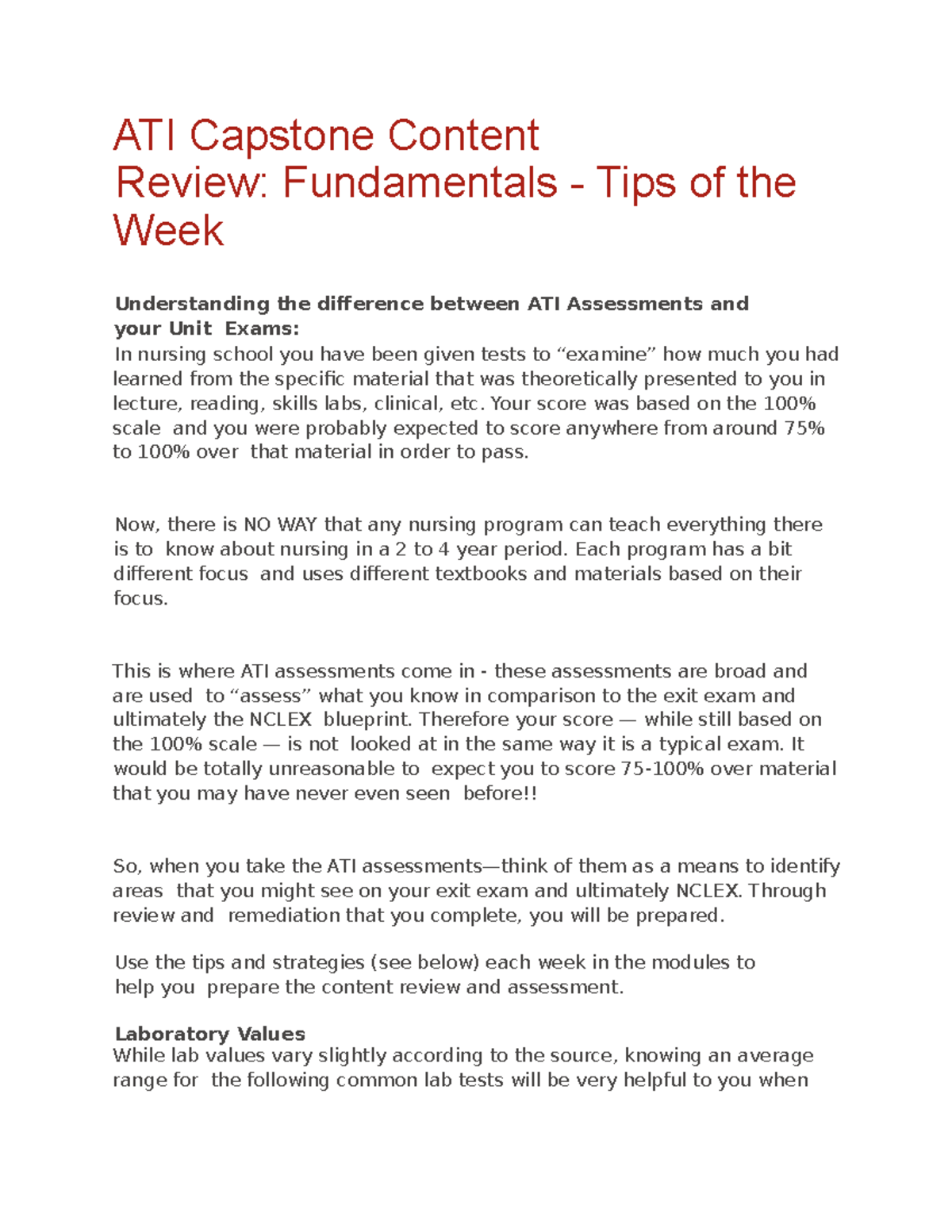 ATI TIPS - ATI Tips - ATI Capstone Content Review: Fundamentals - Tips ...