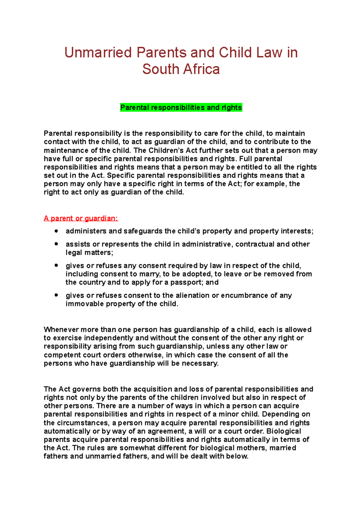 Family LAW Children OF Unmarried Parents Unmarried Parents and Child Law in South Africa